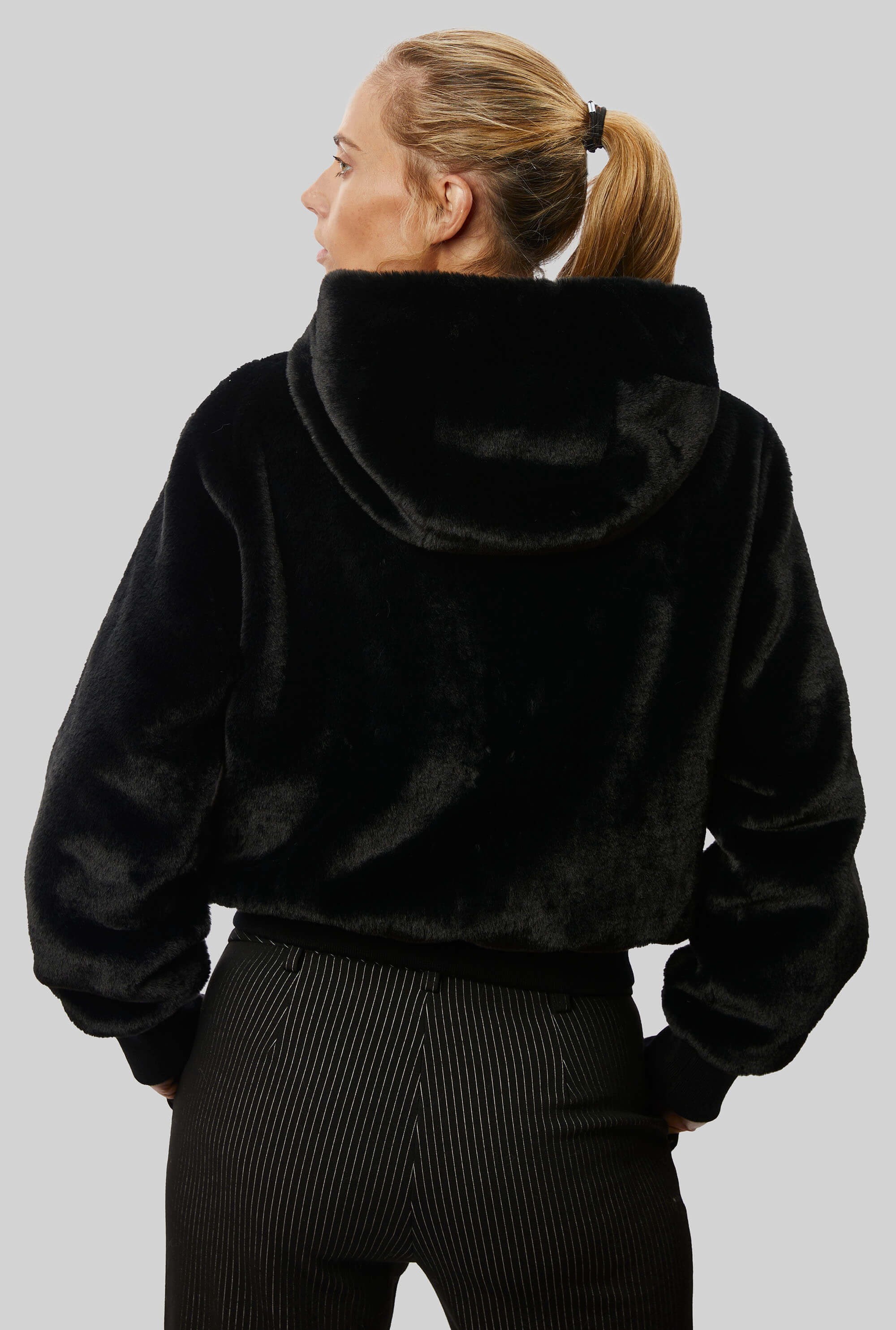 Black faux fur hooded jacket sales