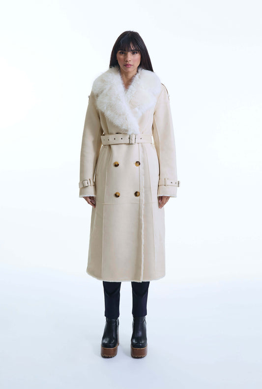 Faux Fur Suede Beige Coat