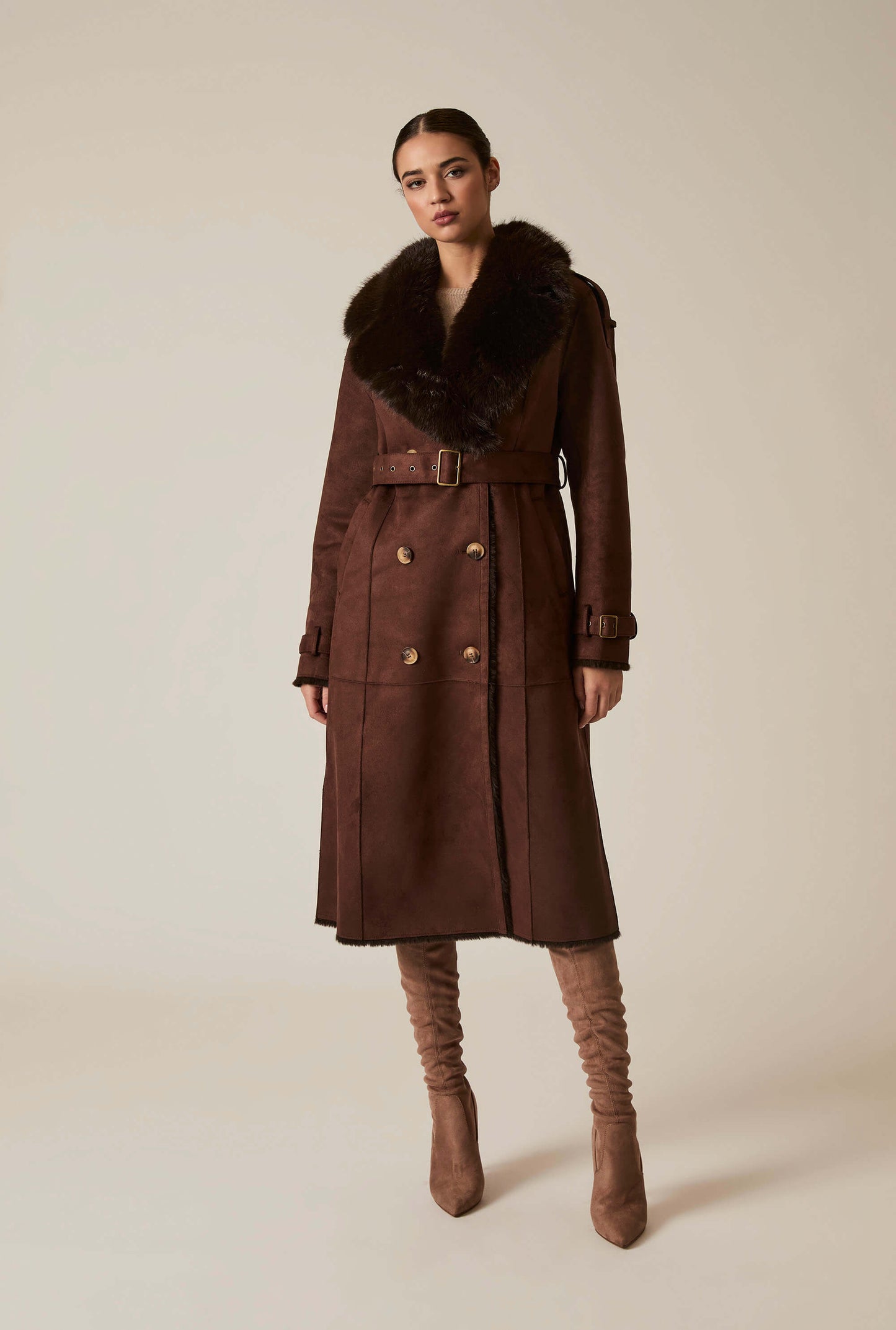 Faux Fur Suede Brown Coat