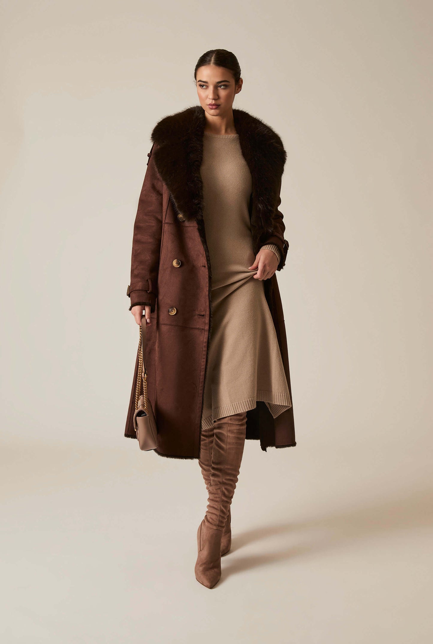 Faux Fur Suede Brown Coat