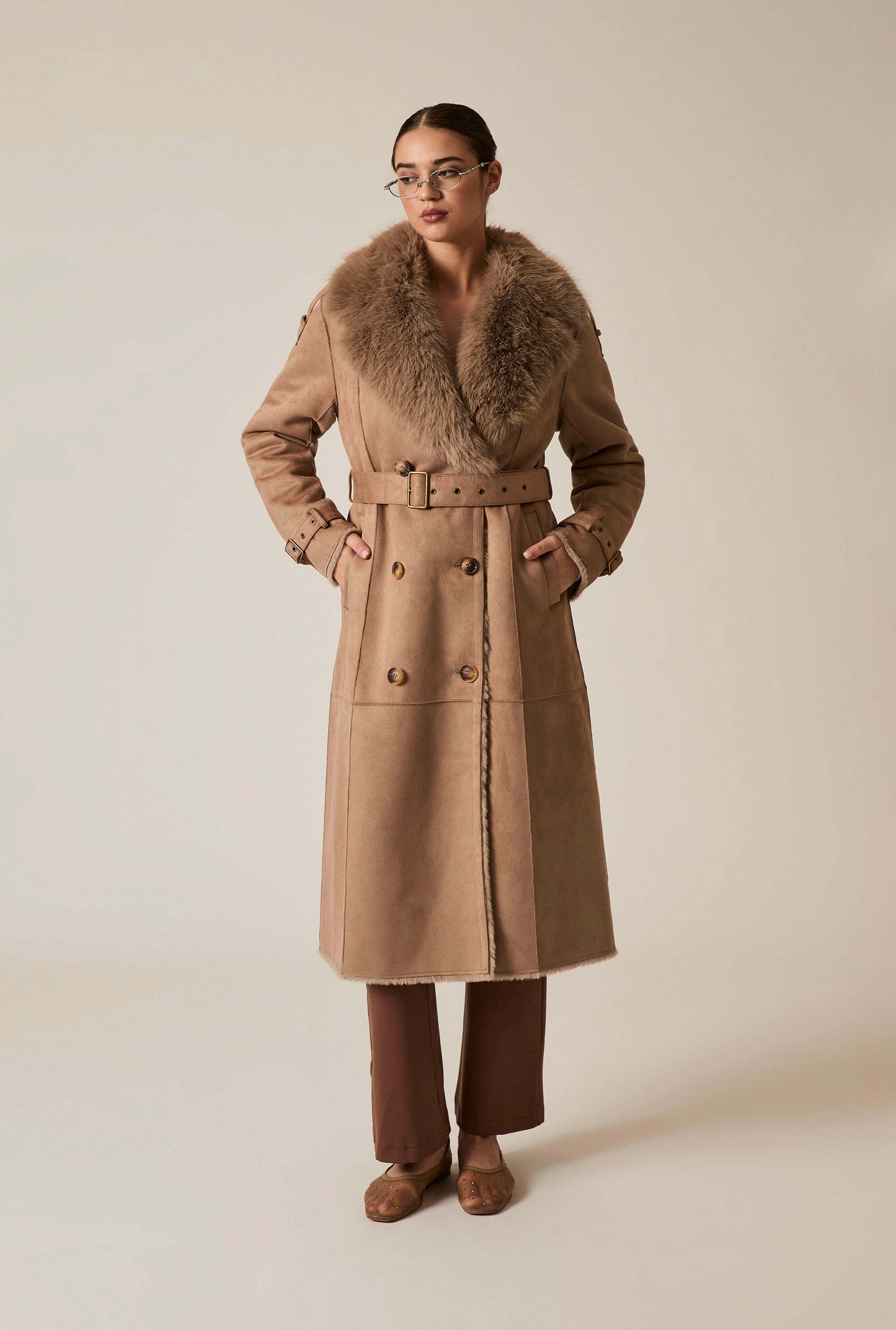 Faux Fur Suede Taupe Coat