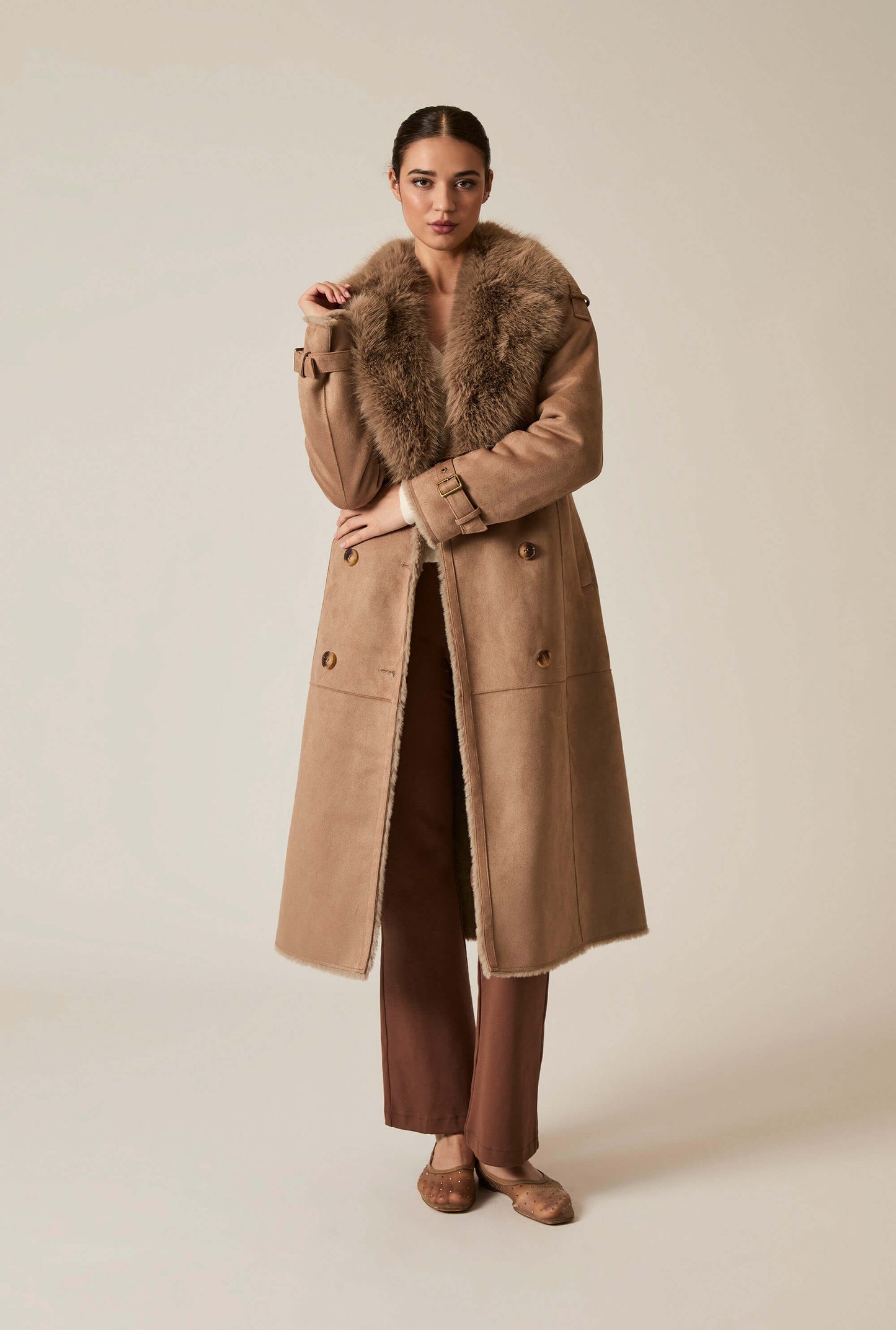 Faux Fur Suede Taupe Coat
