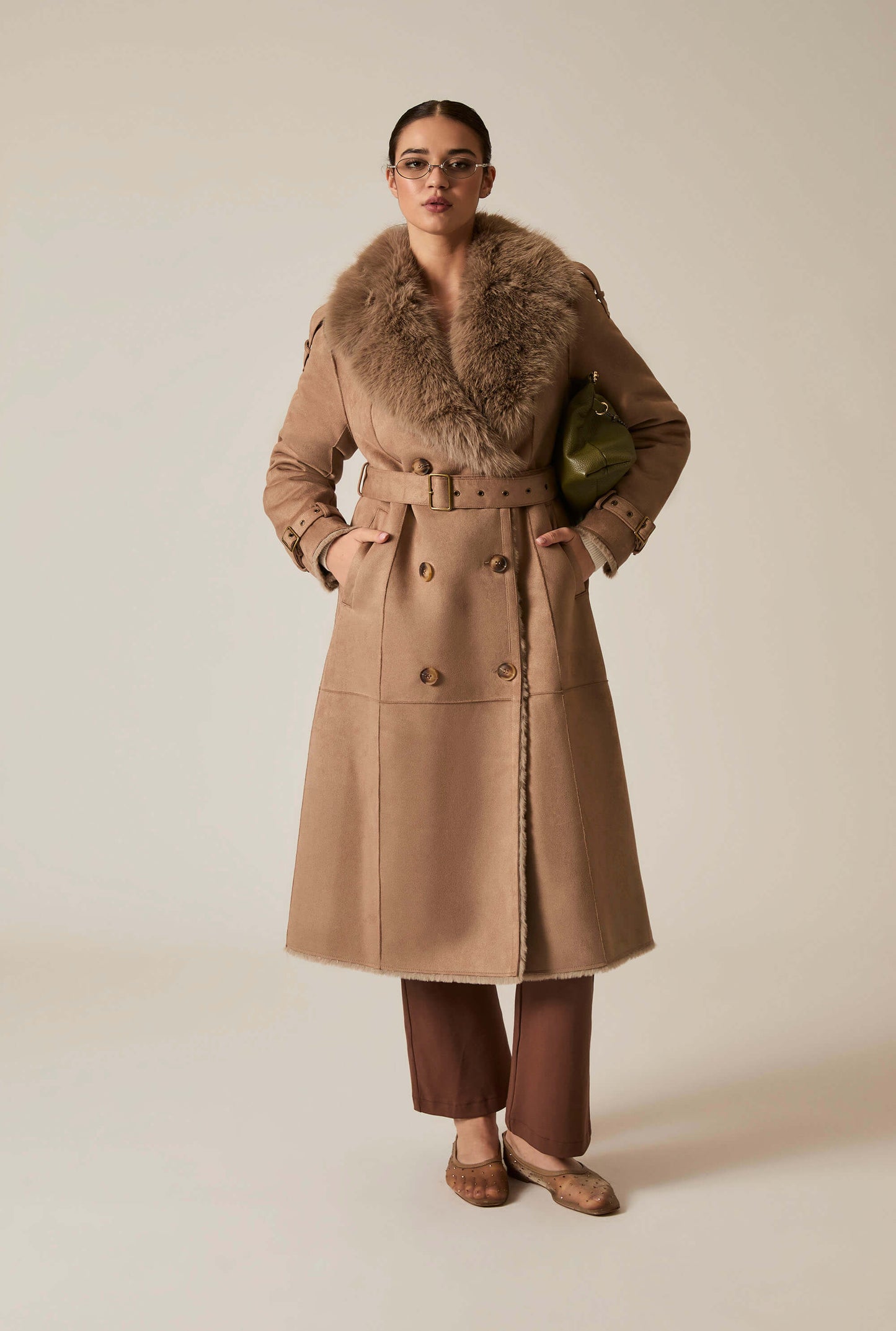 Faux Fur Suede Taupe Coat