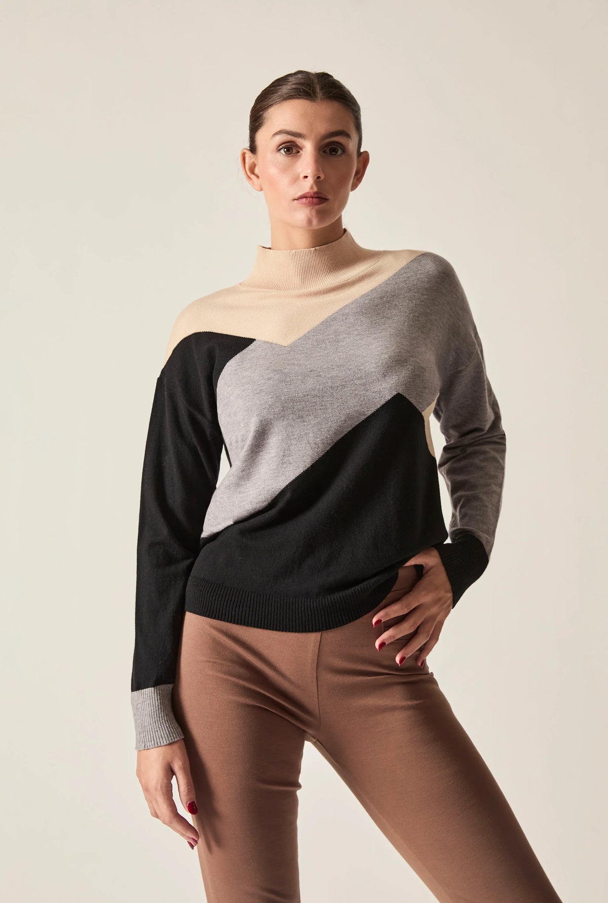 Geometric Colour-Block High-Neck Jumper