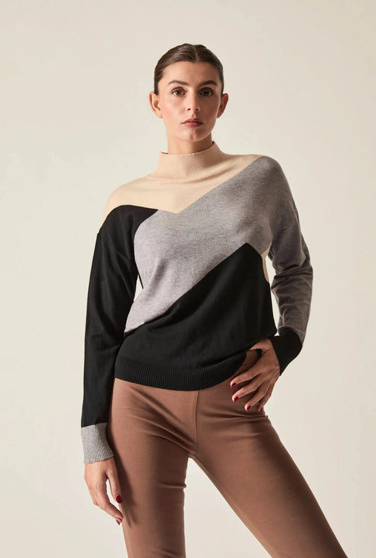 Geometric Colour-Block High-Neck Jumper