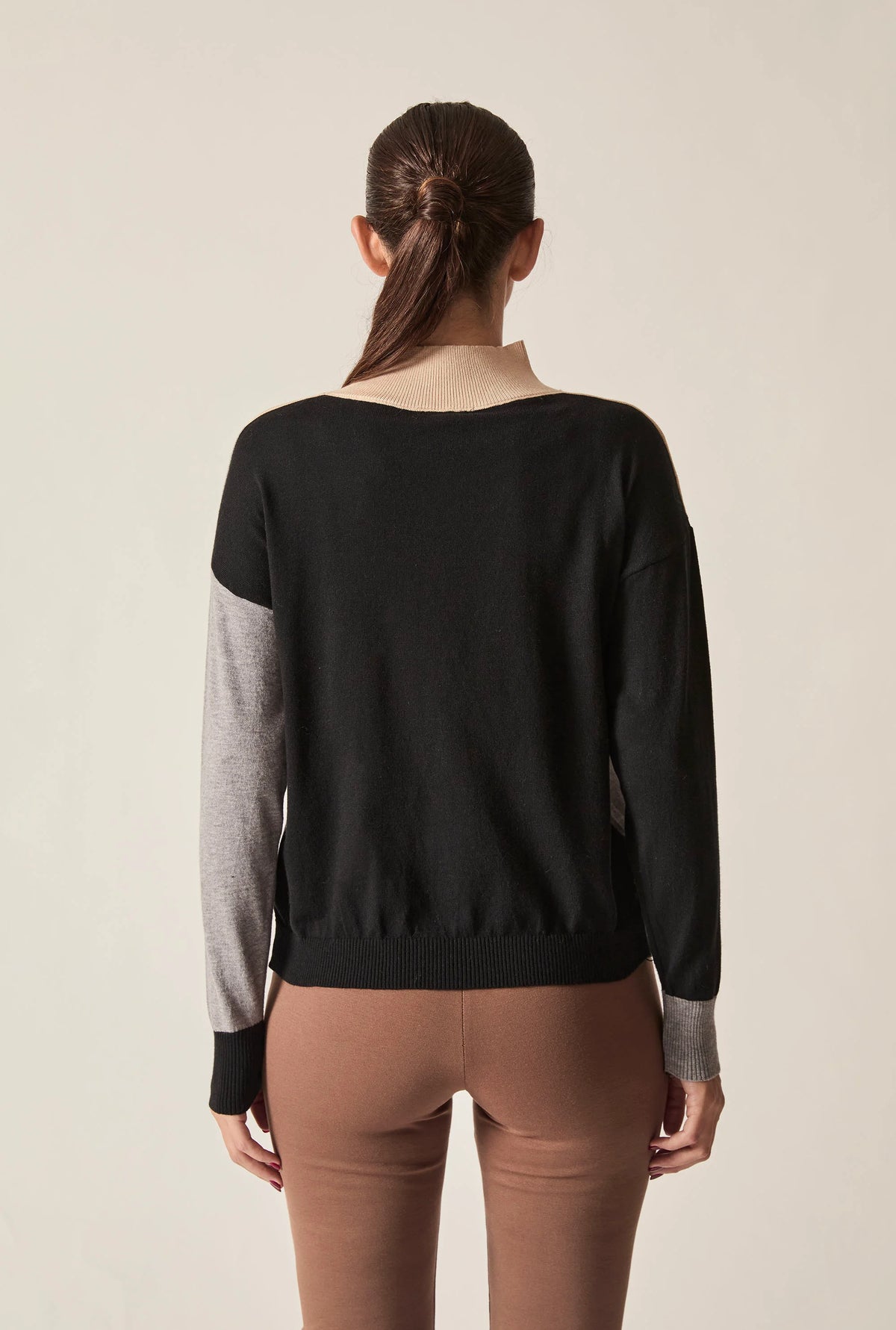 Geometric Colour-Block High-Neck Jumper