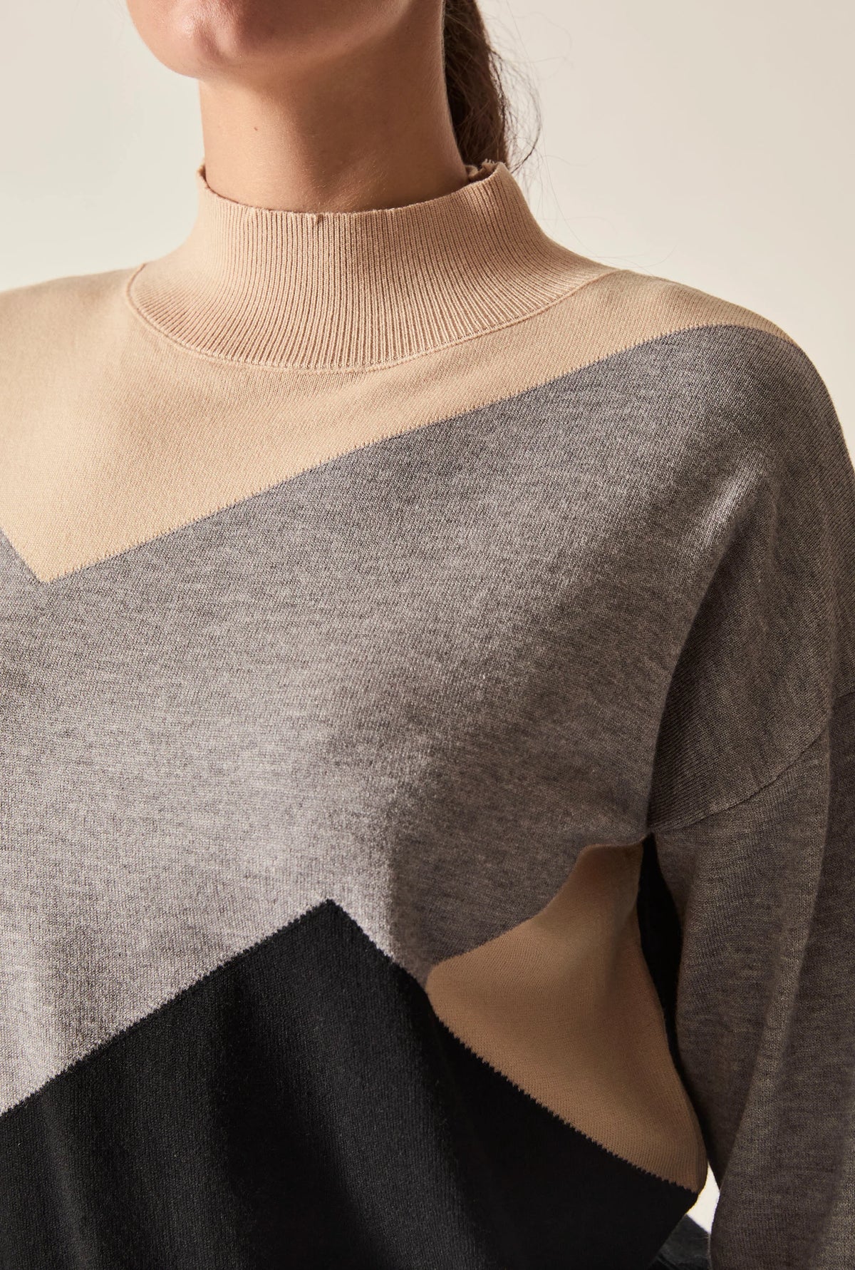 Geometric Colour-Block High-Neck Jumper