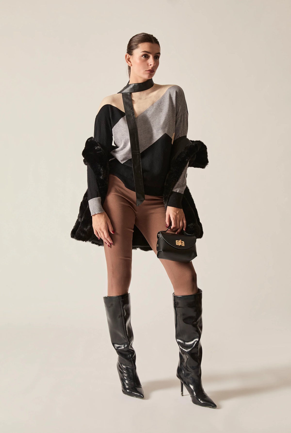 Geometric Colour-Block High-Neck Jumper