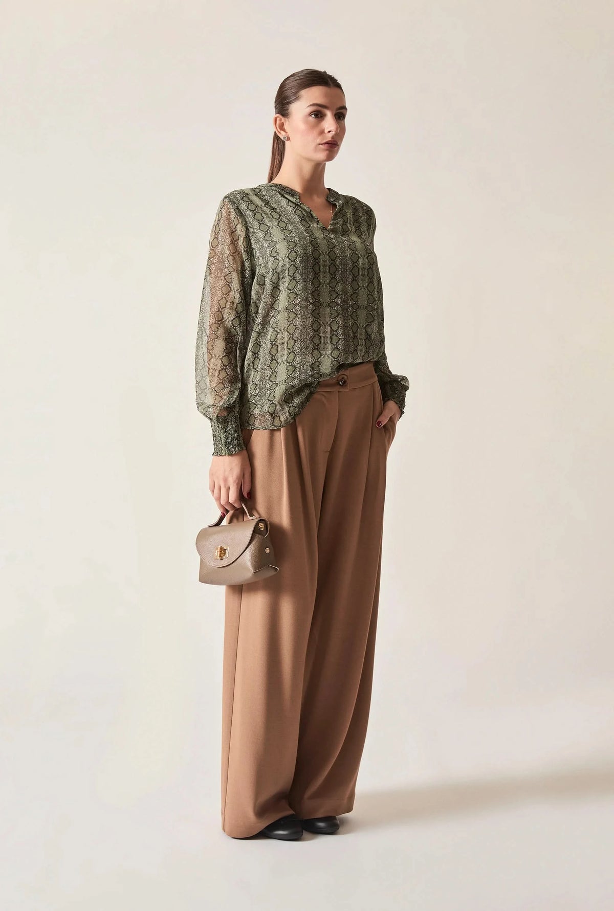 Green Multi-Tone Snake Print Sheer-Sleeve Blouse
