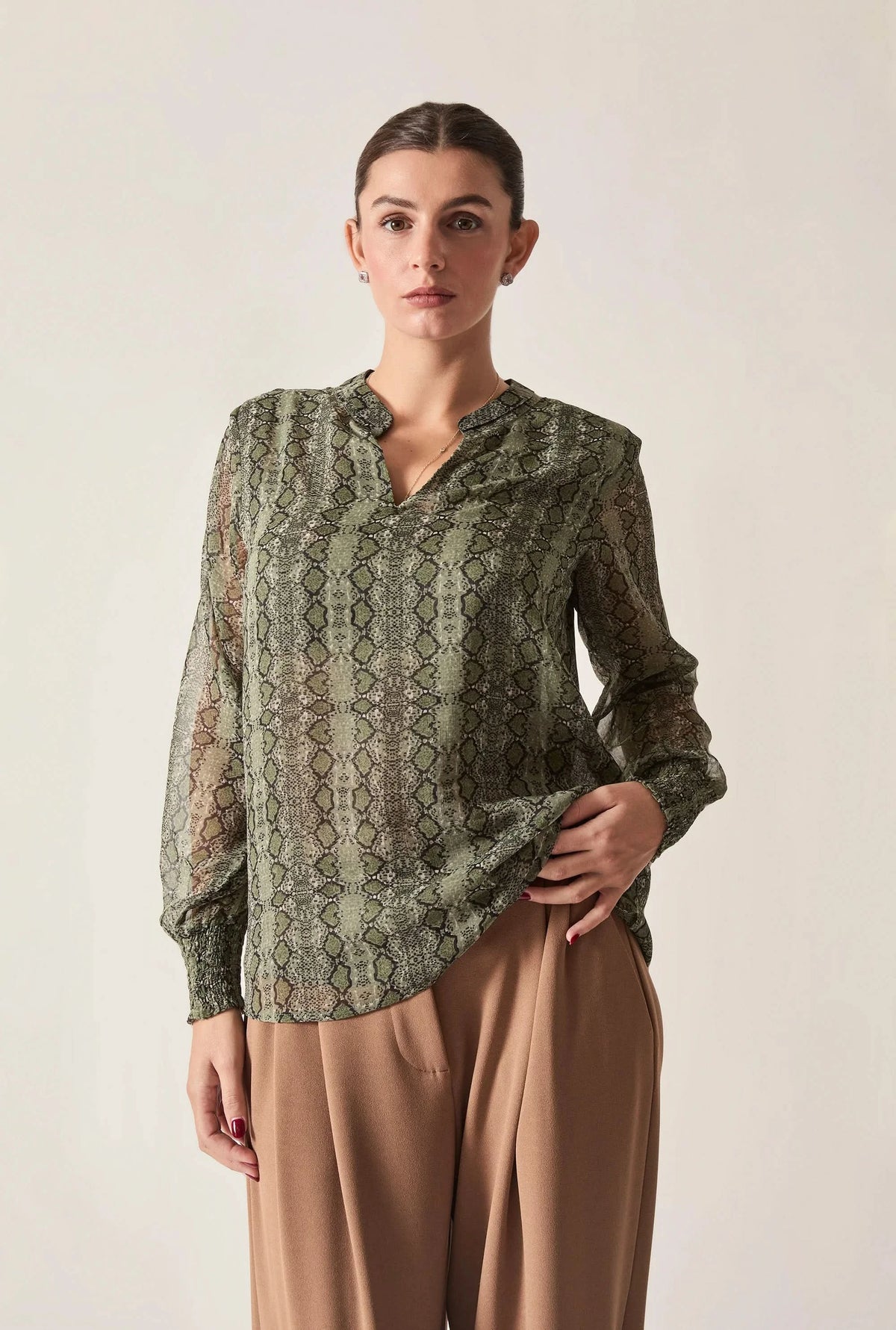Green Multi-Tone Snake Print Sheer-Sleeve Blouse