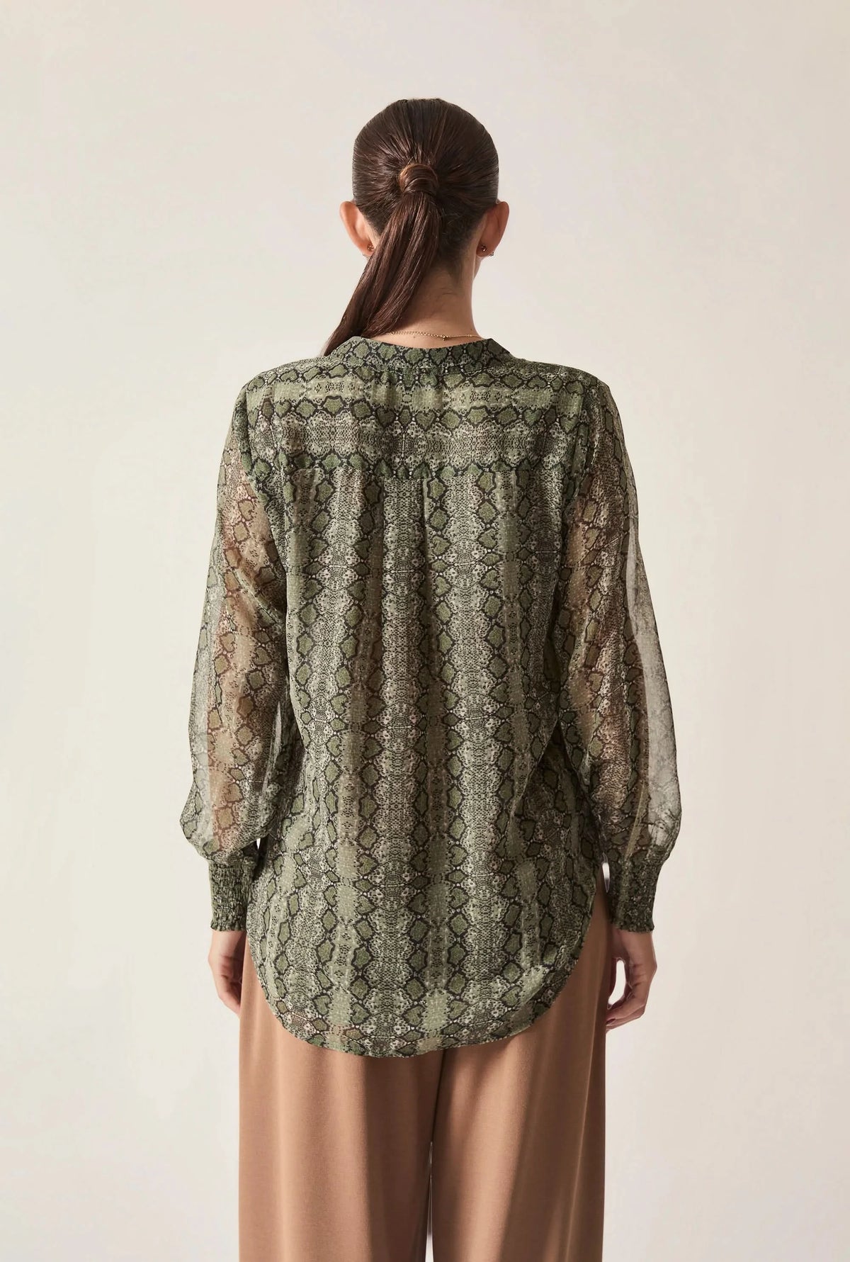 Green Multi-Tone Snake Print Sheer-Sleeve Blouse