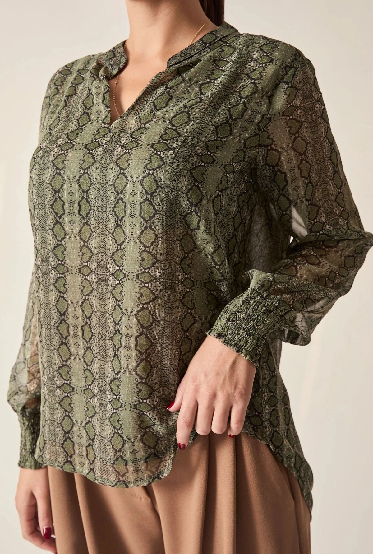 Green Multi-Tone Snake Print Sheer-Sleeve Blouse