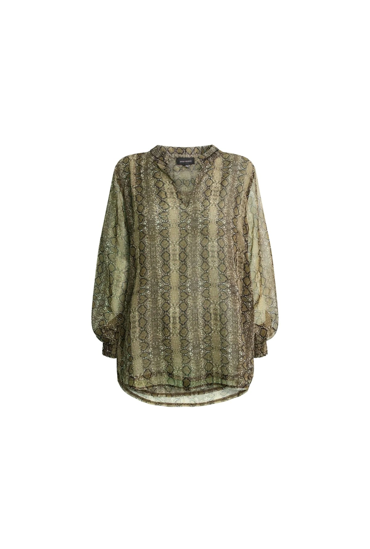 Green Multi-Tone Snake Print Sheer-Sleeve Blouse