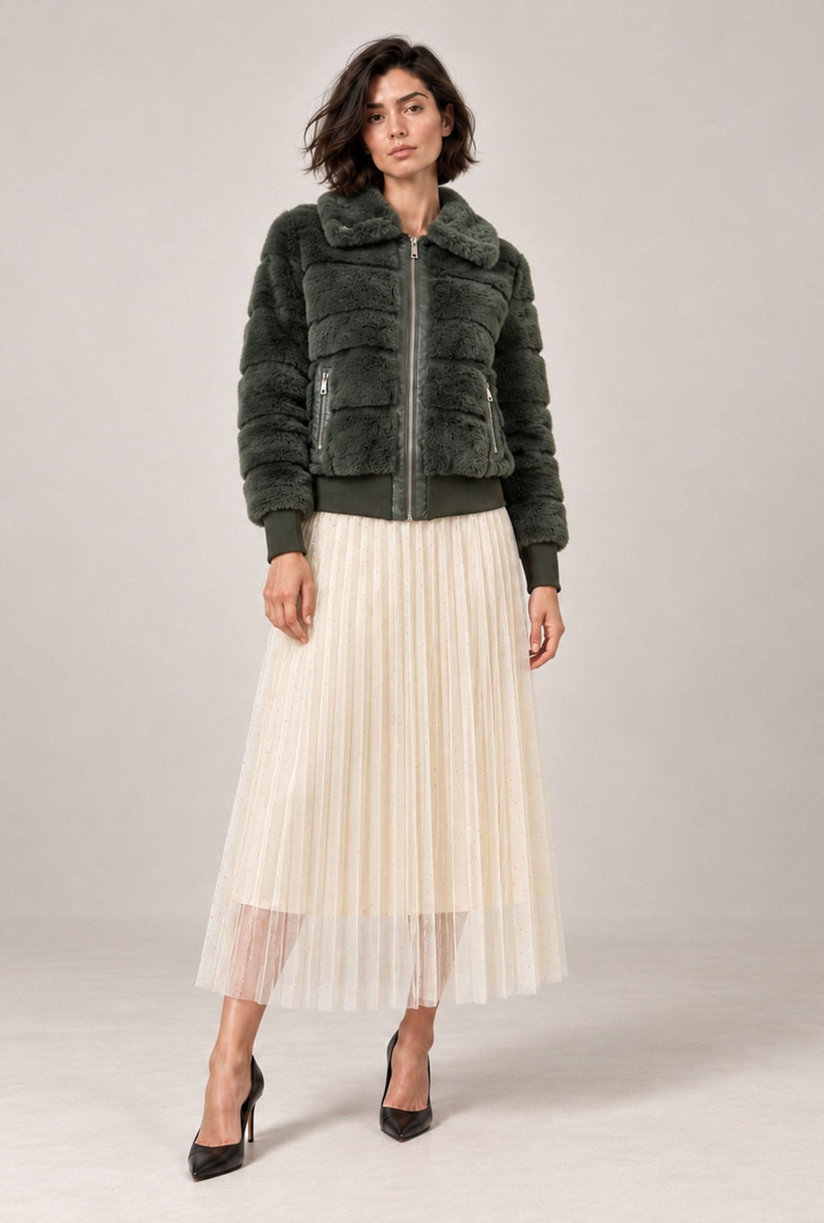 Green Panelled Faux Fur Jacket