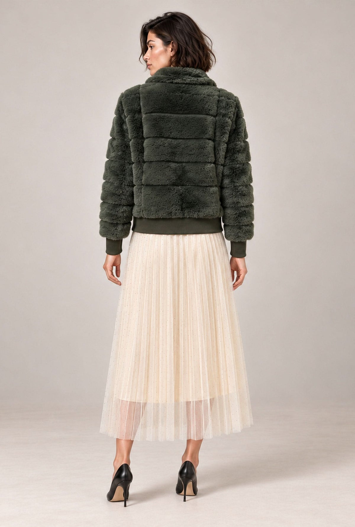 Green Panelled Faux Fur Jacket
