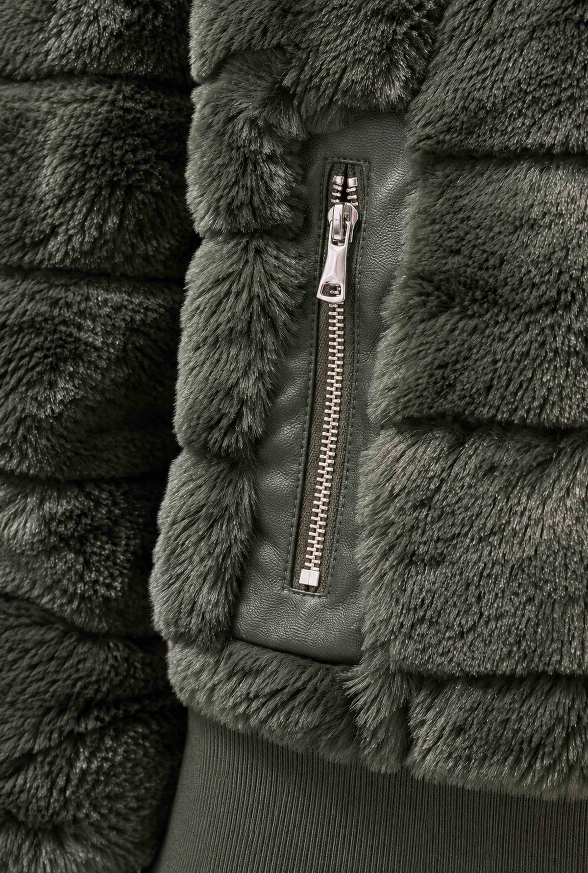 Green Panelled Faux Fur Jacket
