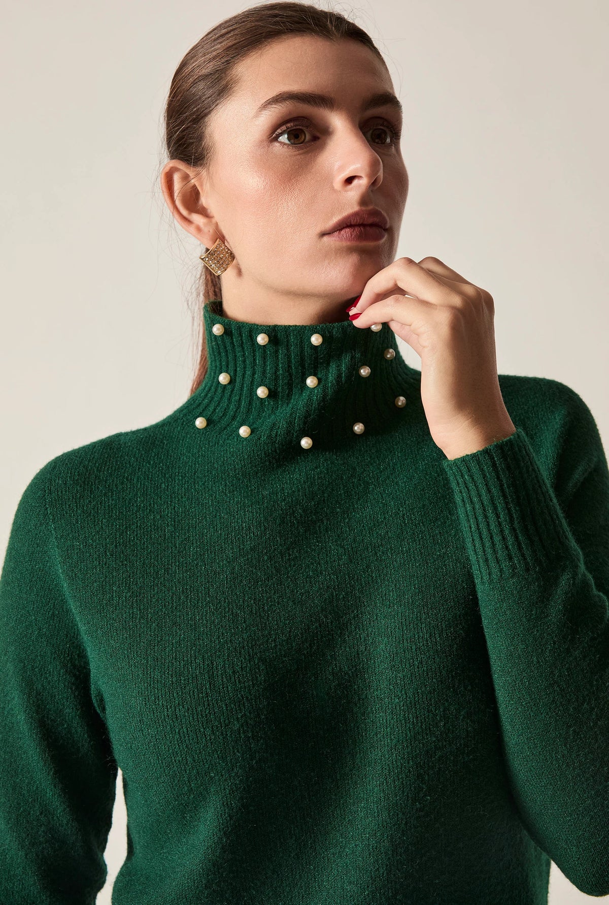 Green Pearl-Embellished High-Neck Jumper