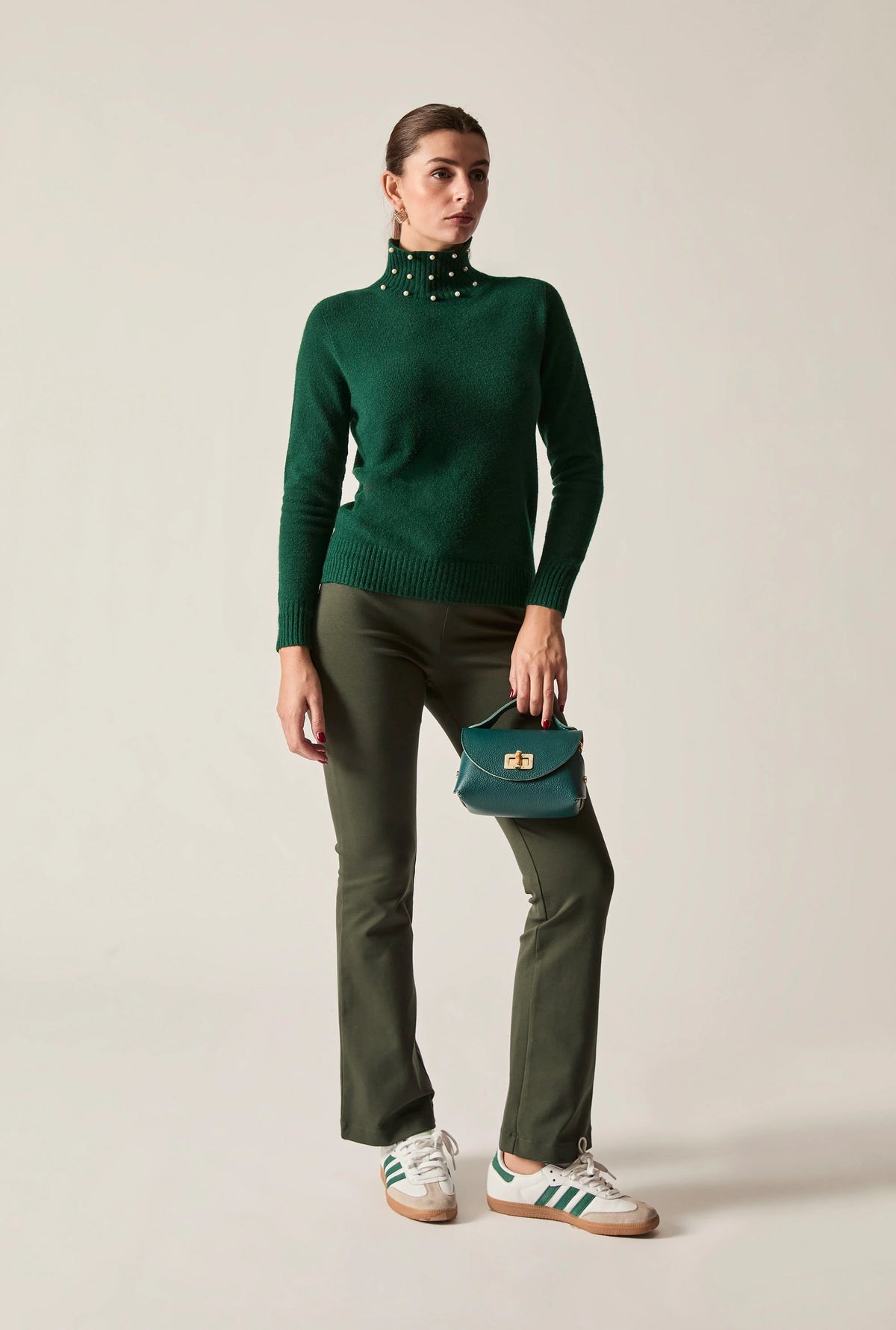 Green Pearl-Embellished High-Neck Jumper