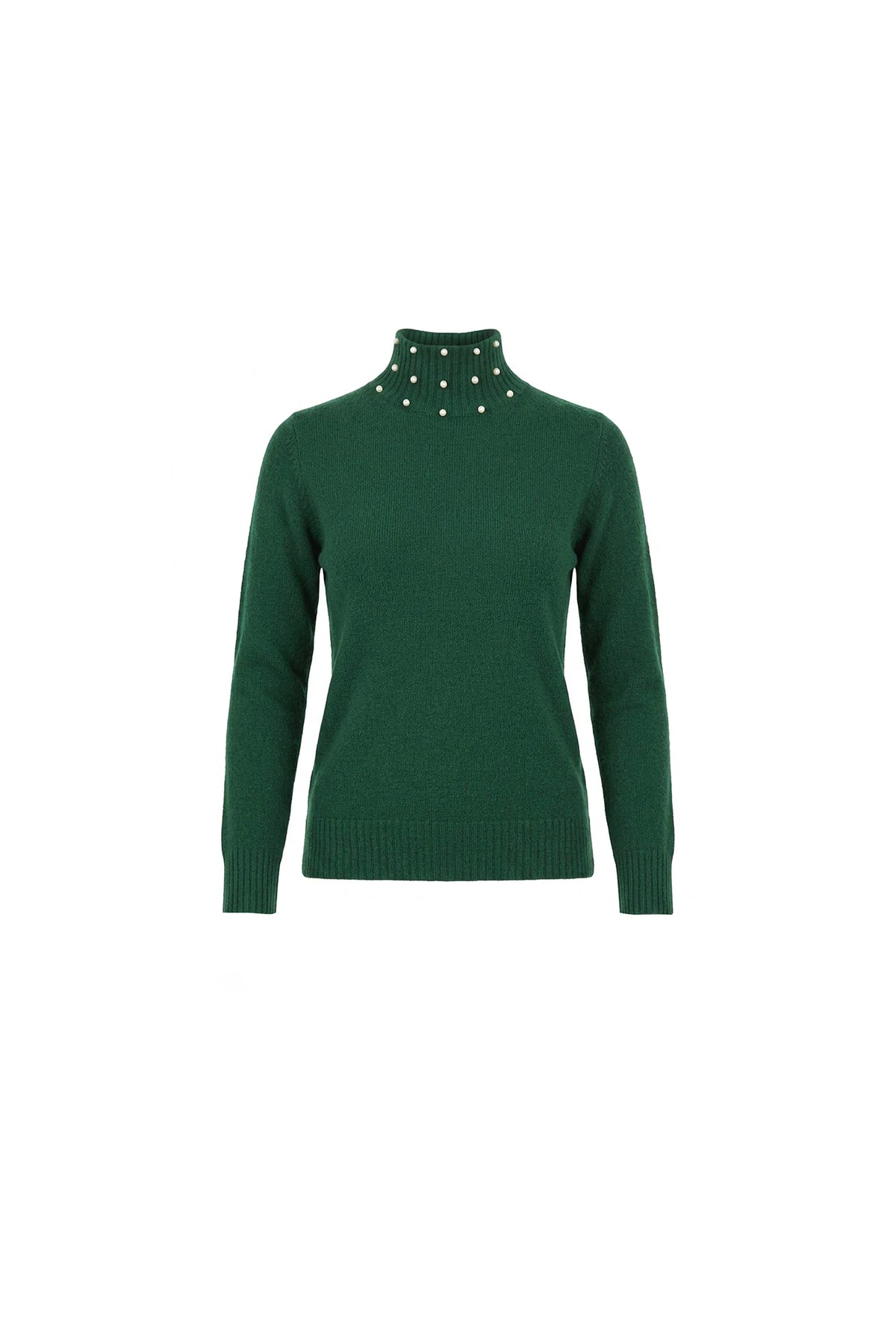 Green Pearl-Embellished High-Neck Jumper