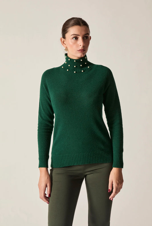 Green Pearl-Embellished High-Neck Jumper