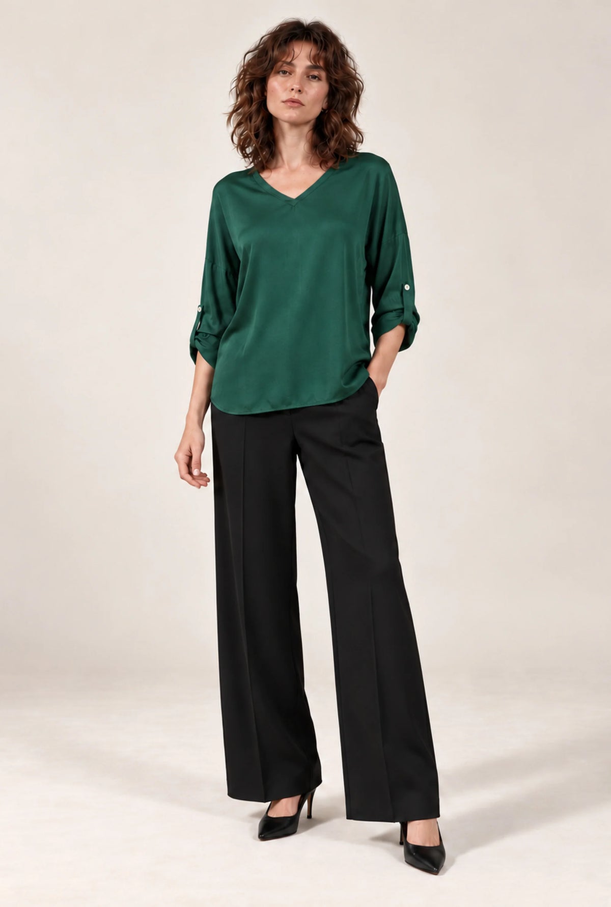 Green Satin V-Neck Blouse