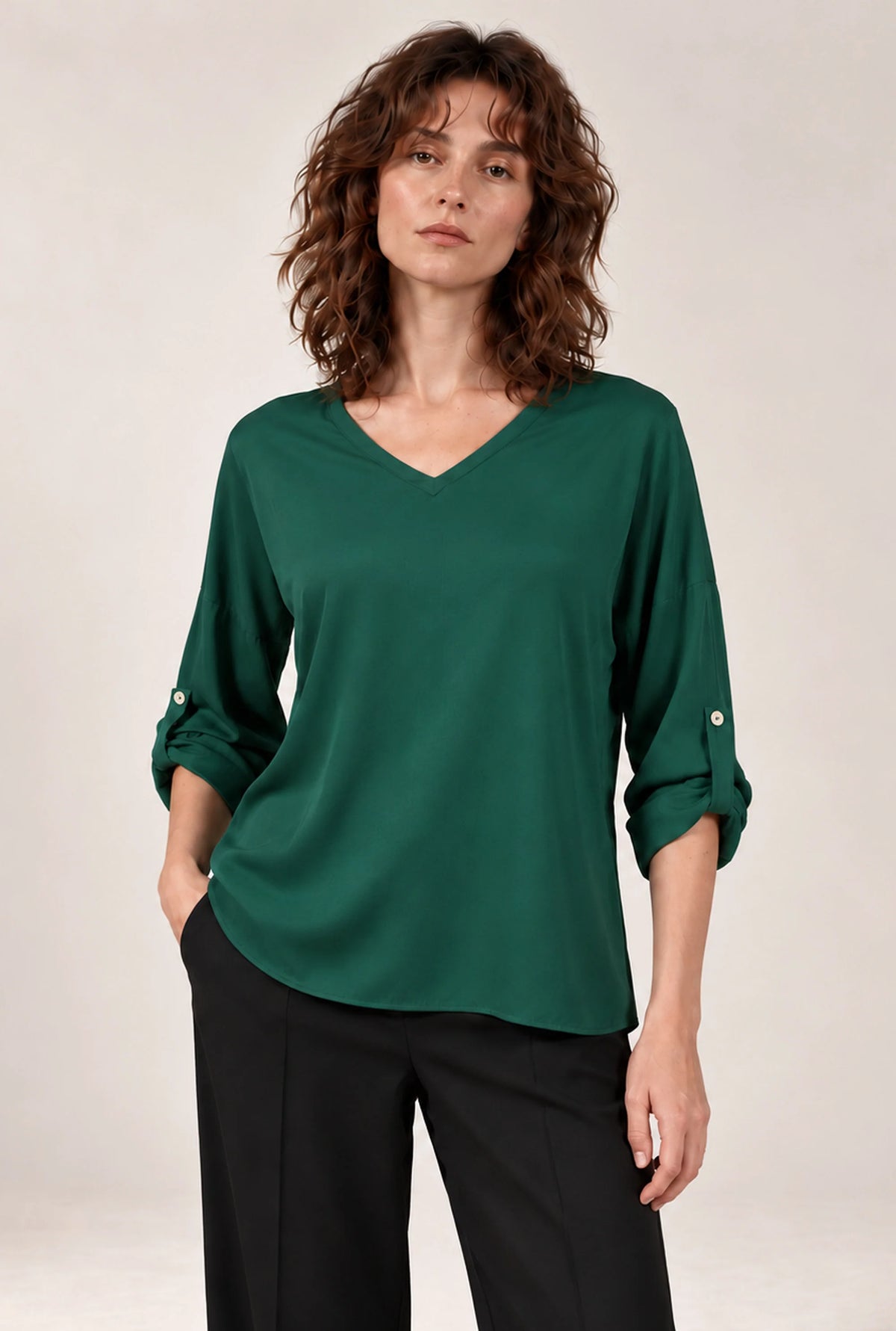 Green Satin V-Neck Blouse