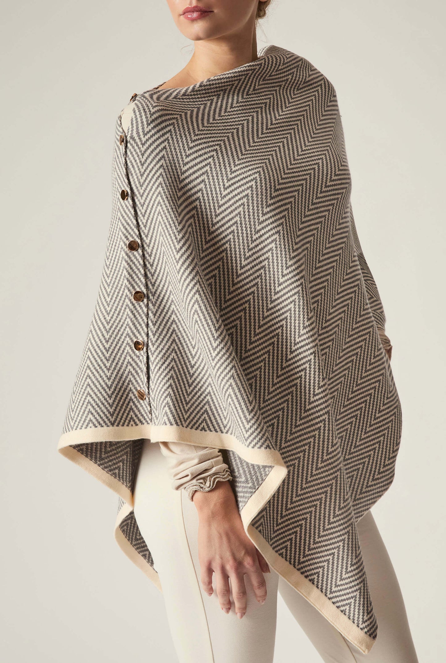 Grey Chevron Button Poncho