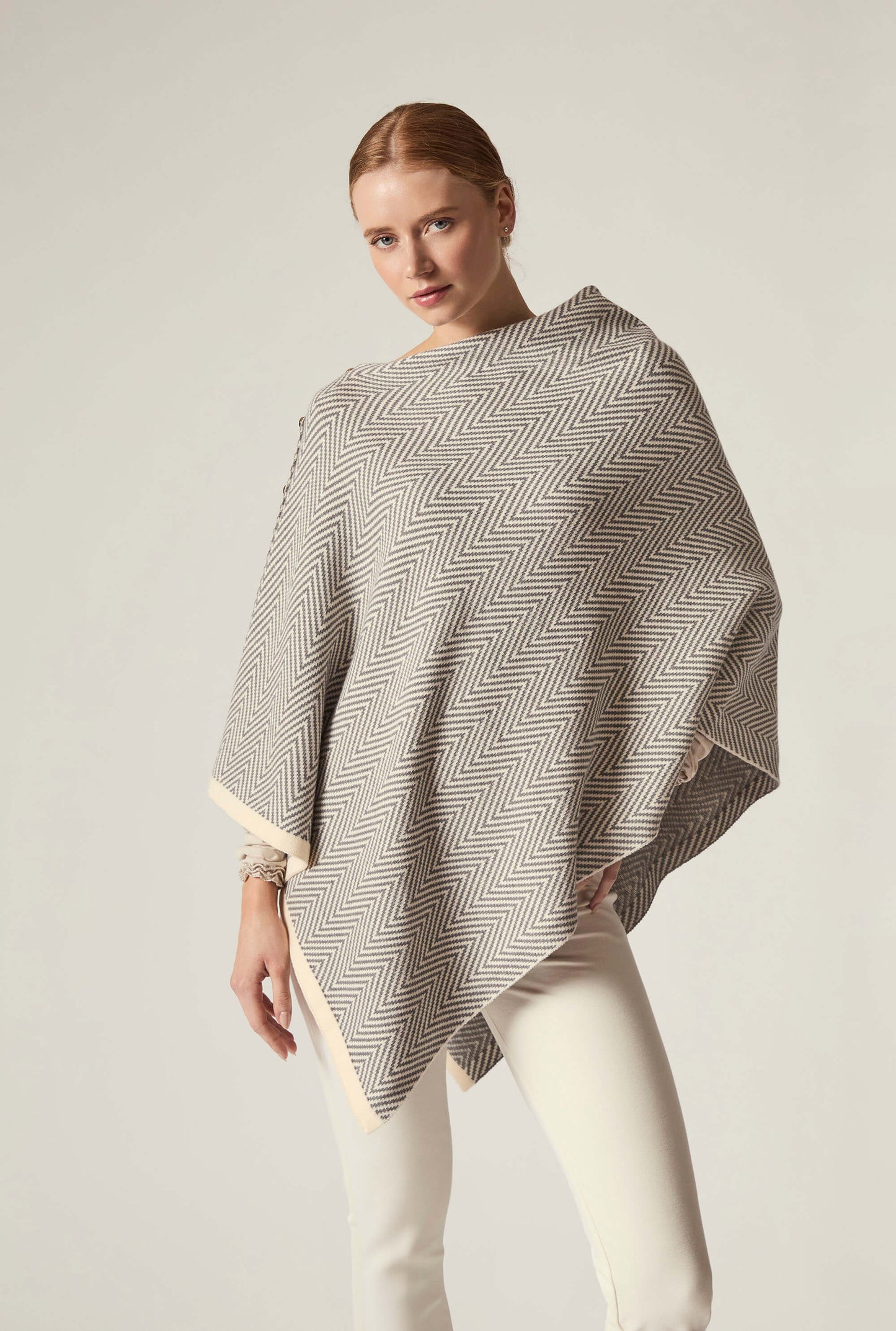 Grey Chevron Button Poncho