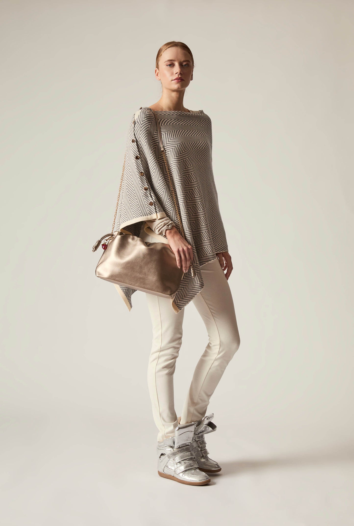 Grey Chevron Button Poncho