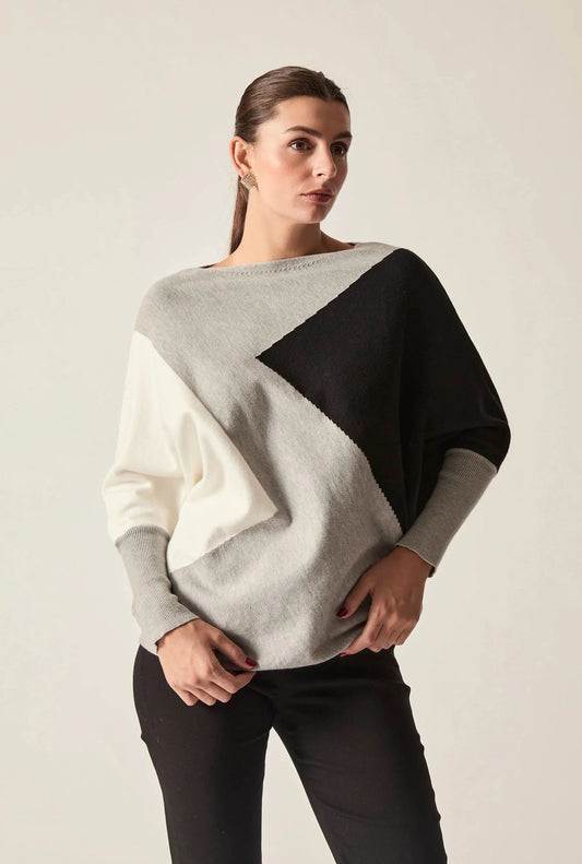 Grey Colour-Block Batwing Knit