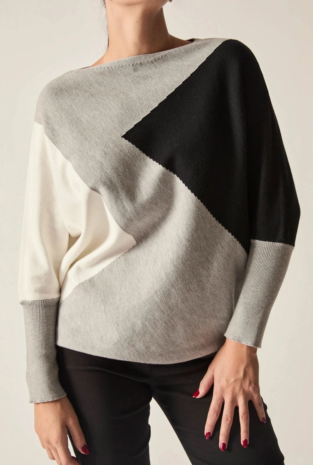 Grey Colour-Block Batwing Knit