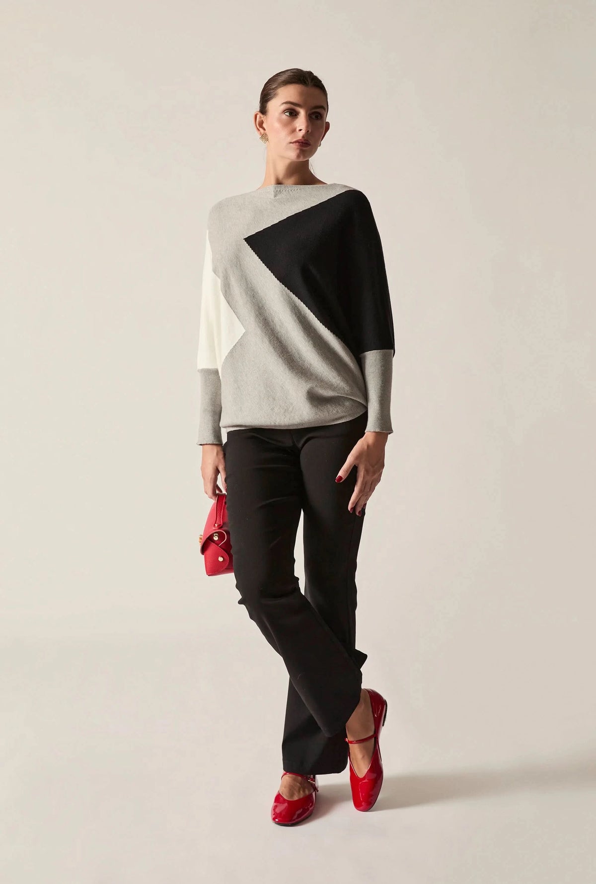 Grey Colour-Block Batwing Knit