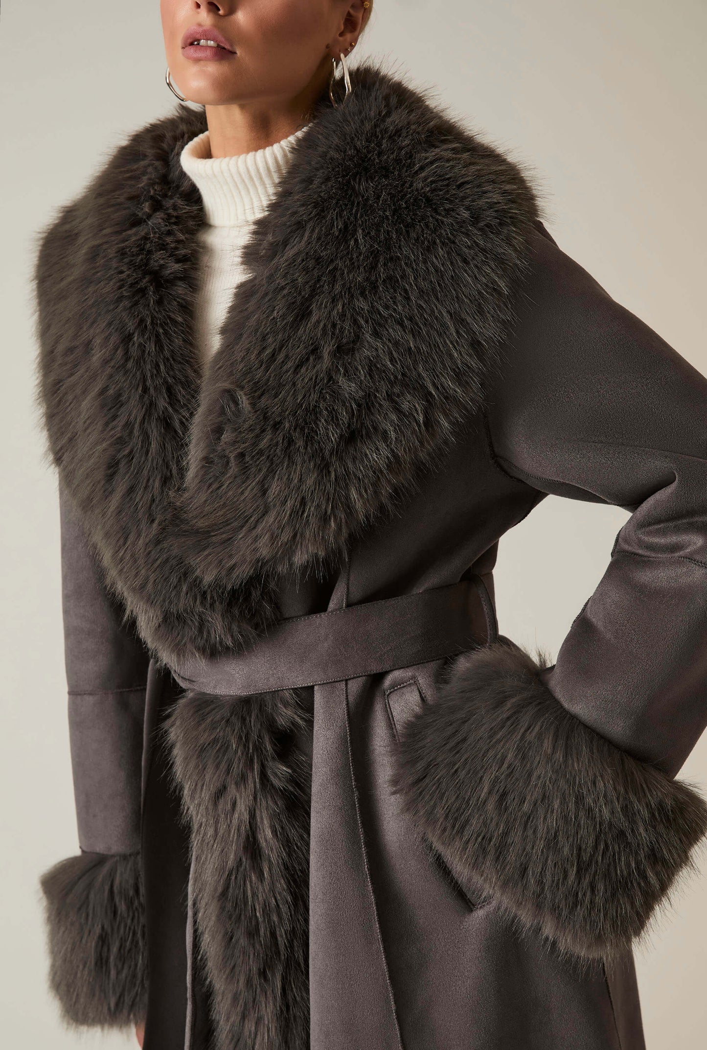 Grey Faux Fur Trim Coat