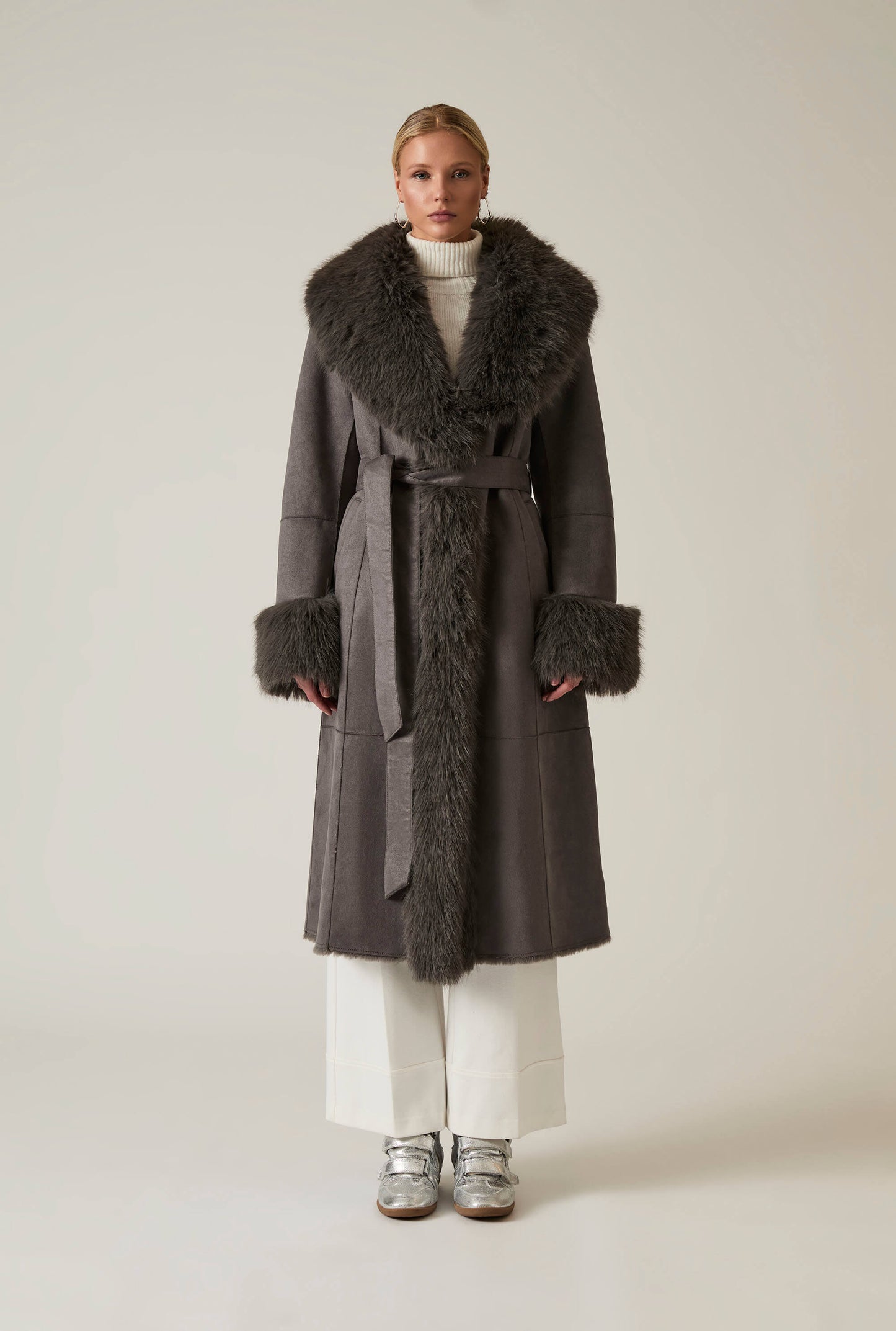 Grey Faux Fur Trim Coat