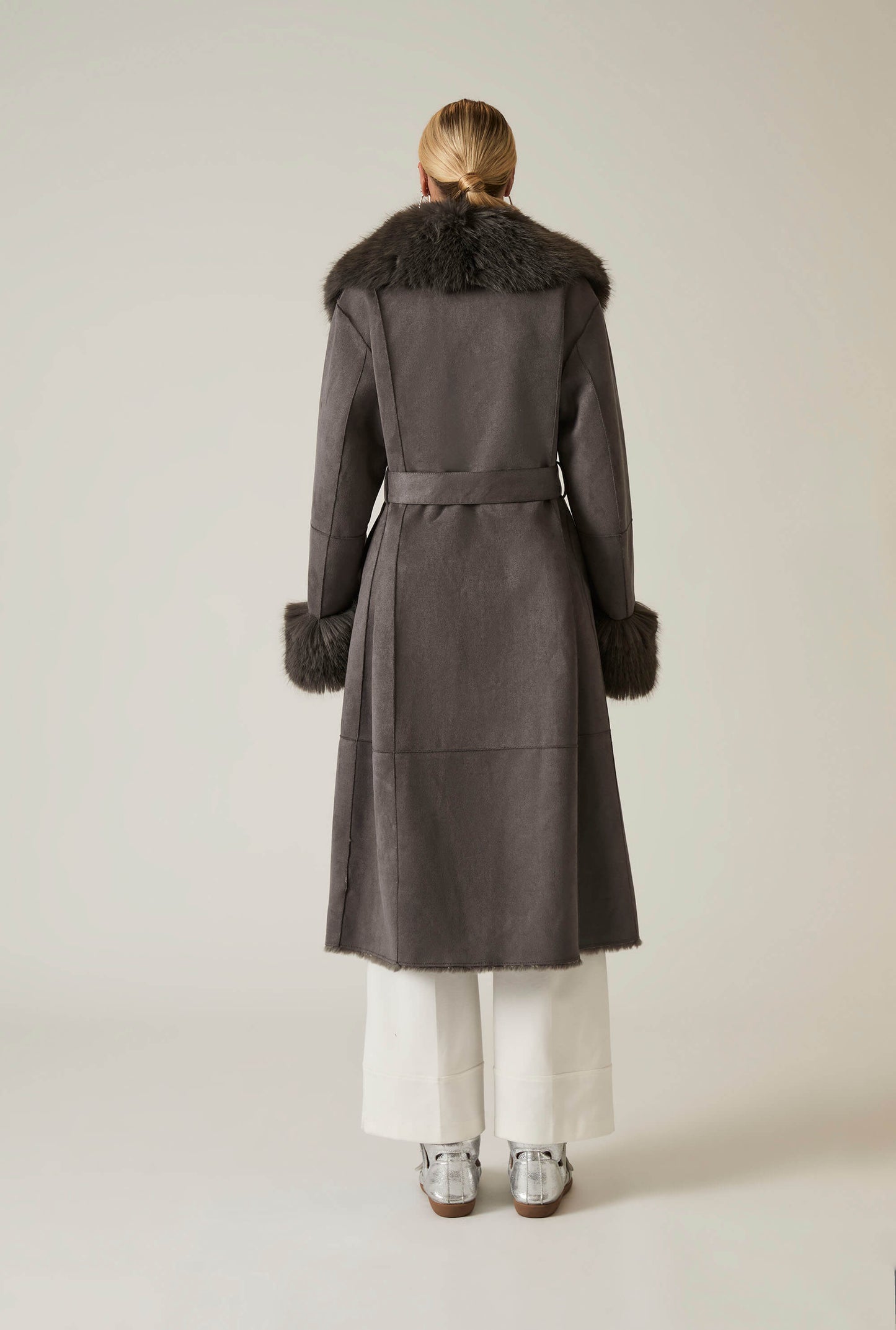 Grey Faux Fur Trim Coat