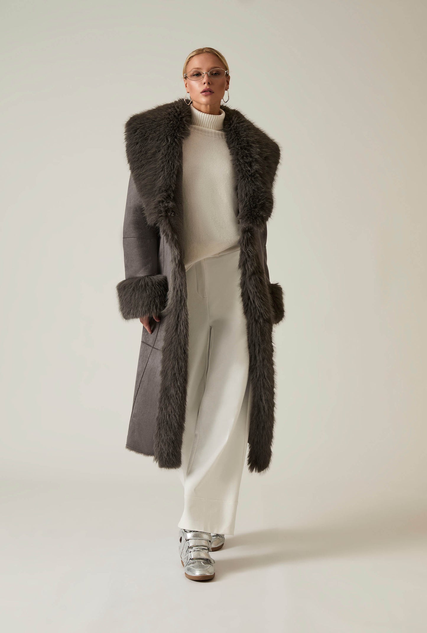Grey Faux Fur Trim Coat