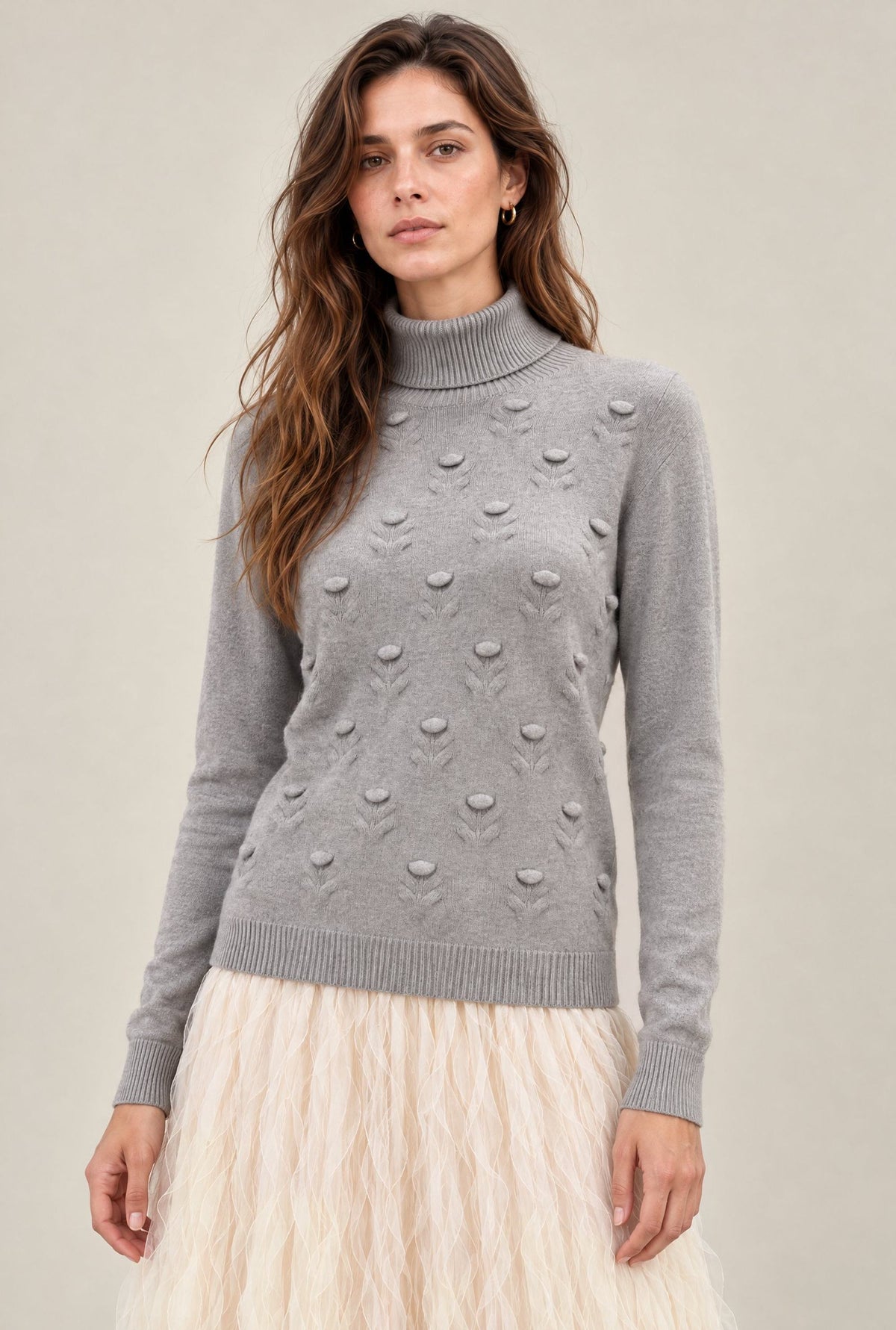 Grey Floral Roll Neck Jumper