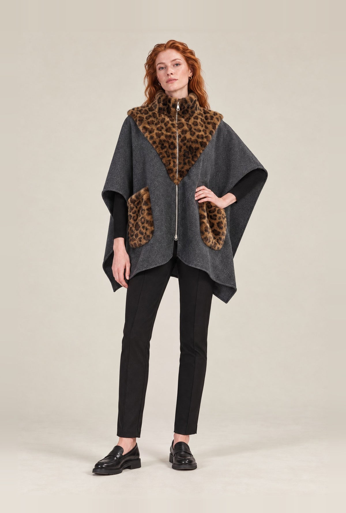 Grey Leopard Faux Fur Trim Cape