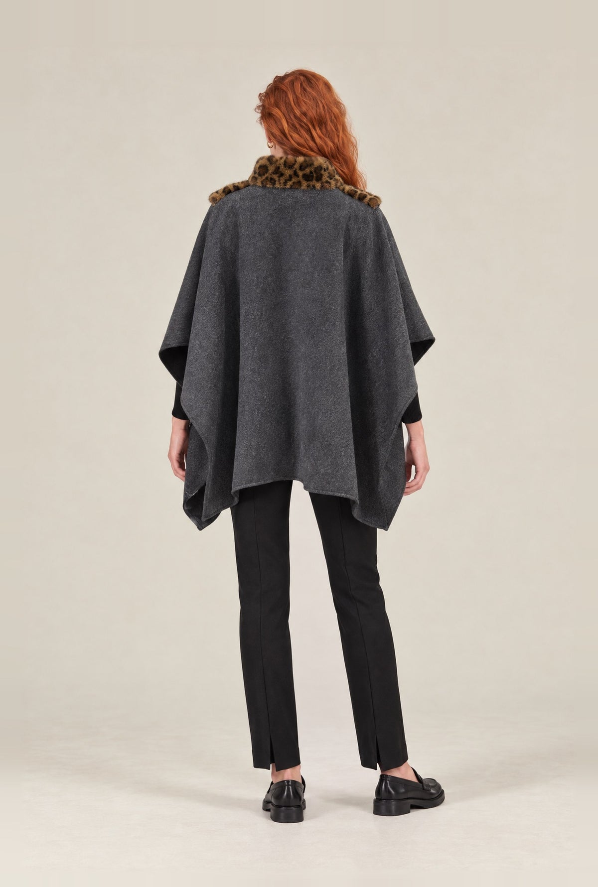 Grey Leopard Faux Fur Trim Cape