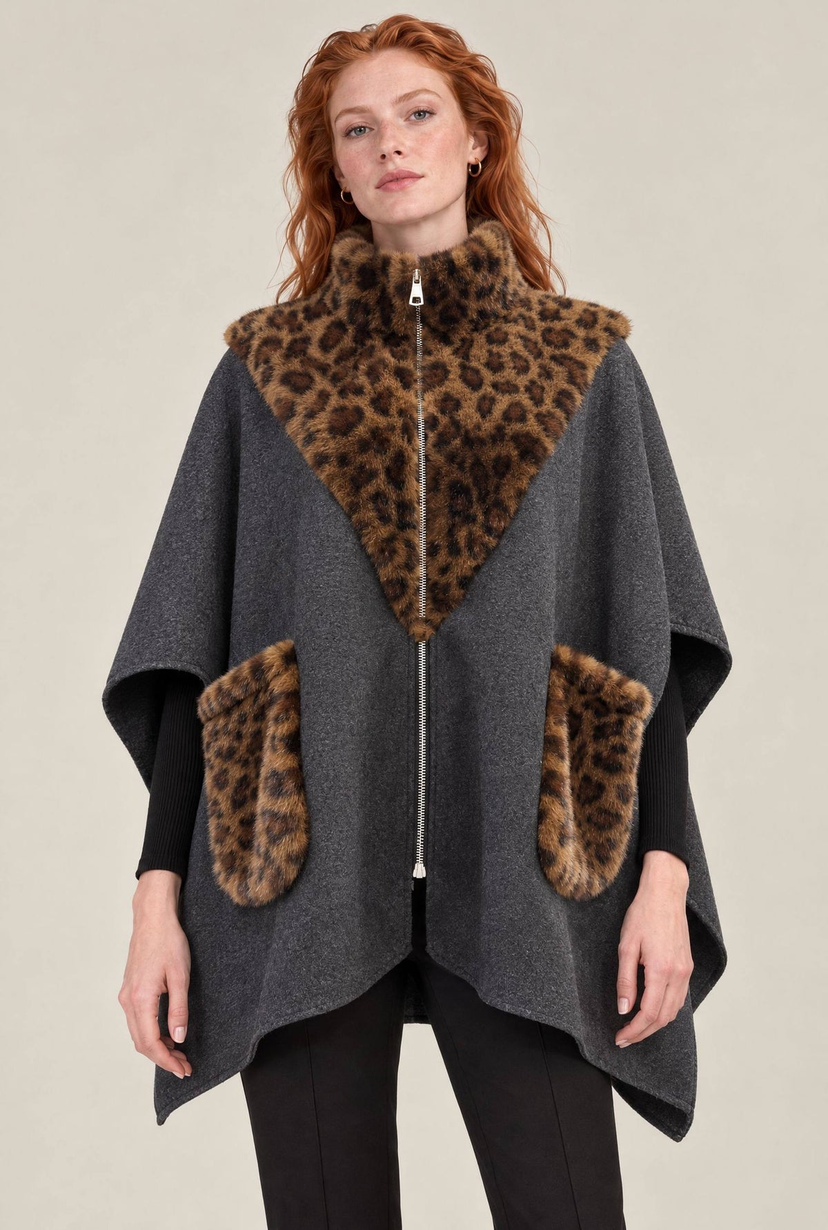 Grey Leopard Faux Fur Trim Cape