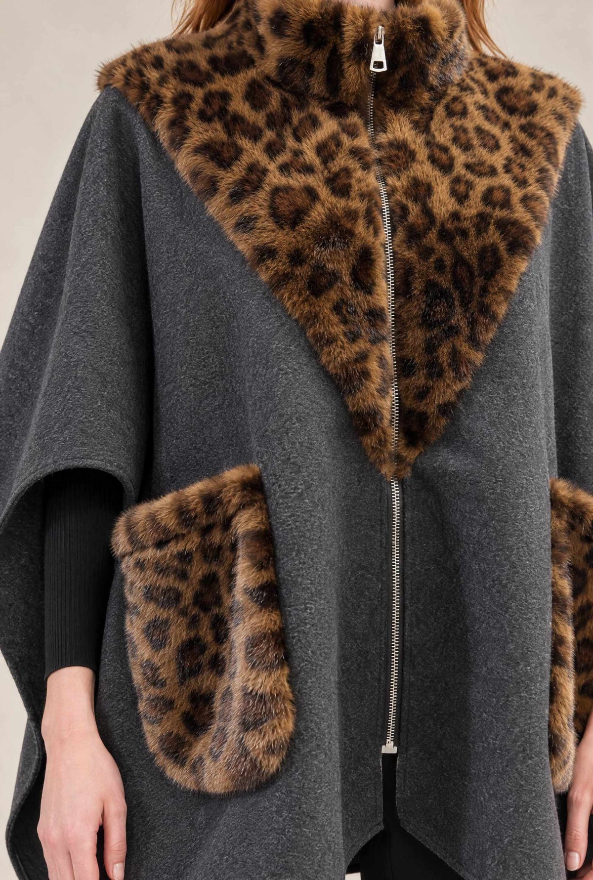 Grey Leopard Faux Fur Trim Cape