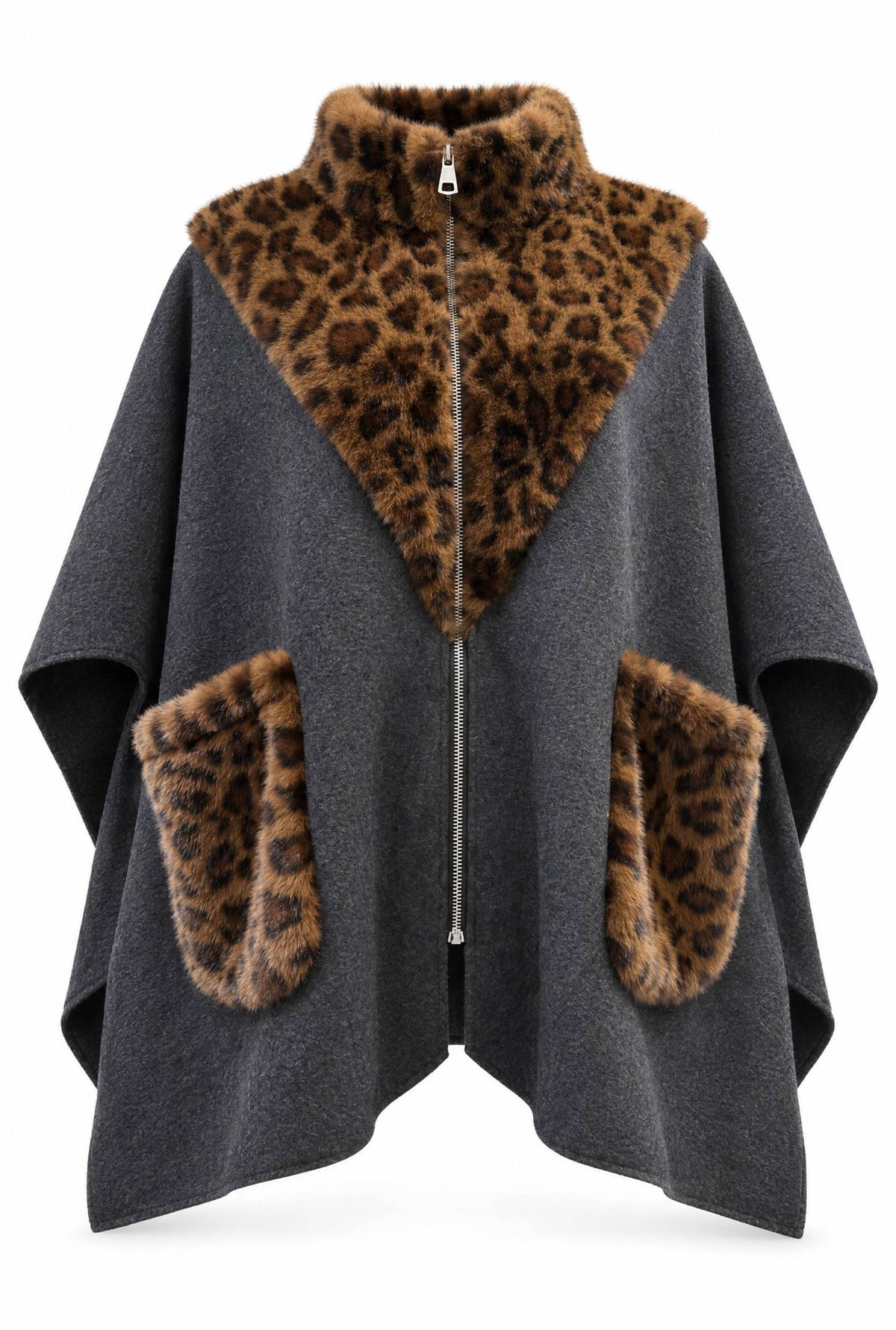 Grey Leopard Faux Fur Trim Cape