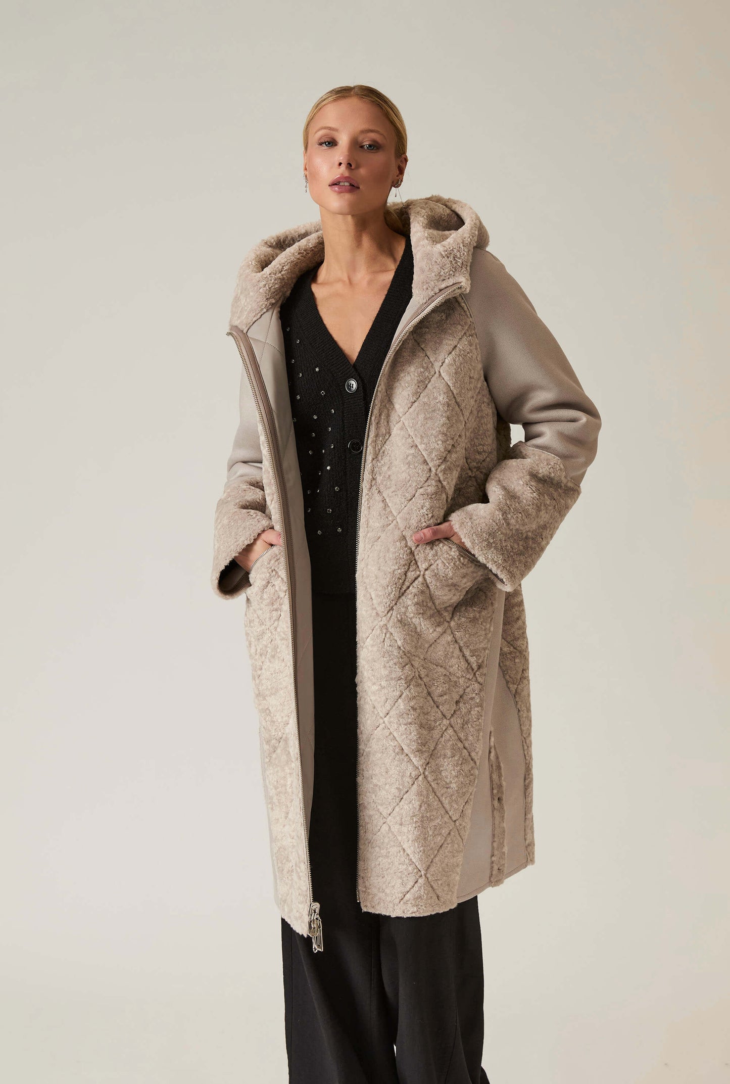 Grey Reversible Faux Fur Hooded Coat