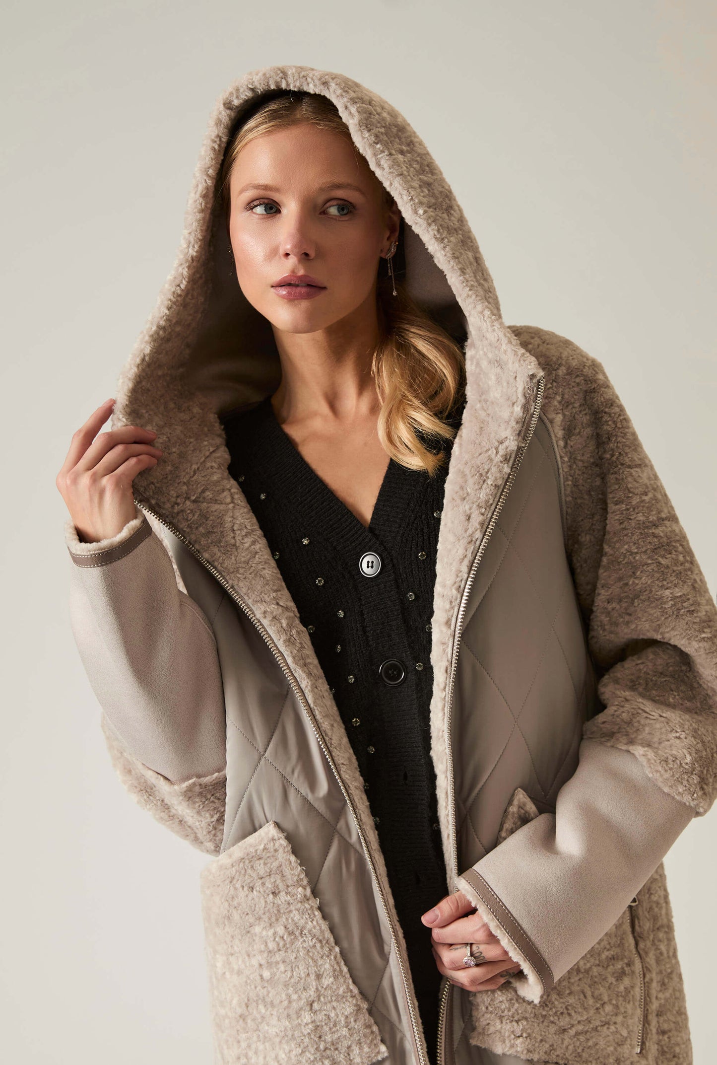 Grey Reversible Faux Fur Hooded Coat
