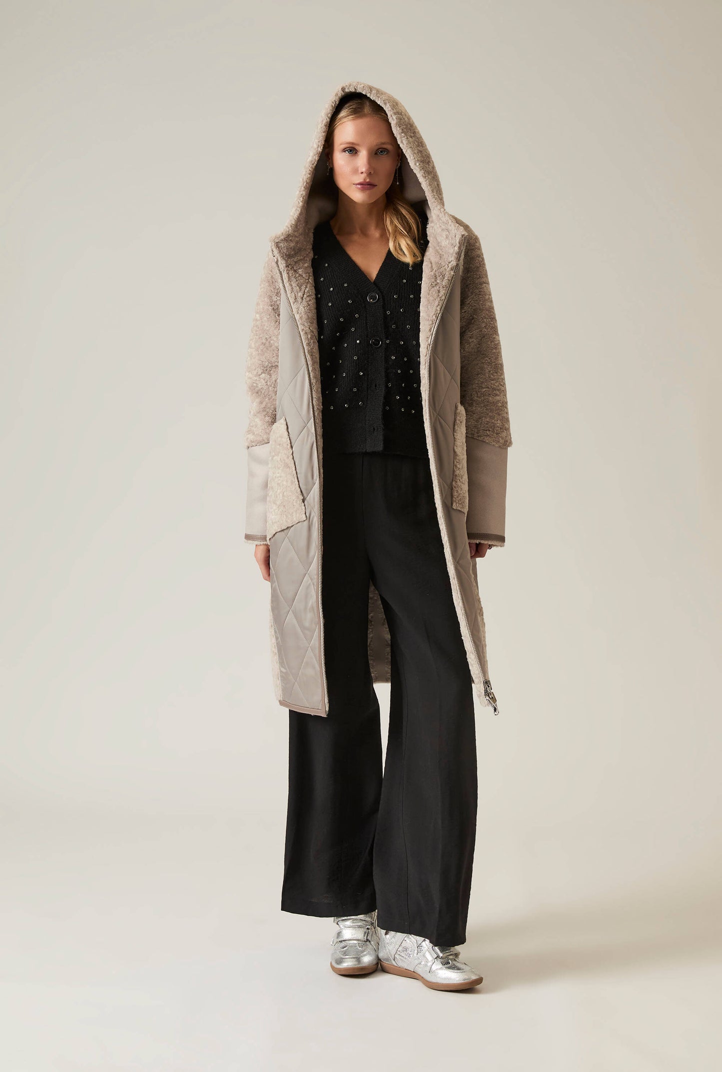 Grey Reversible Faux Fur Hooded Coat