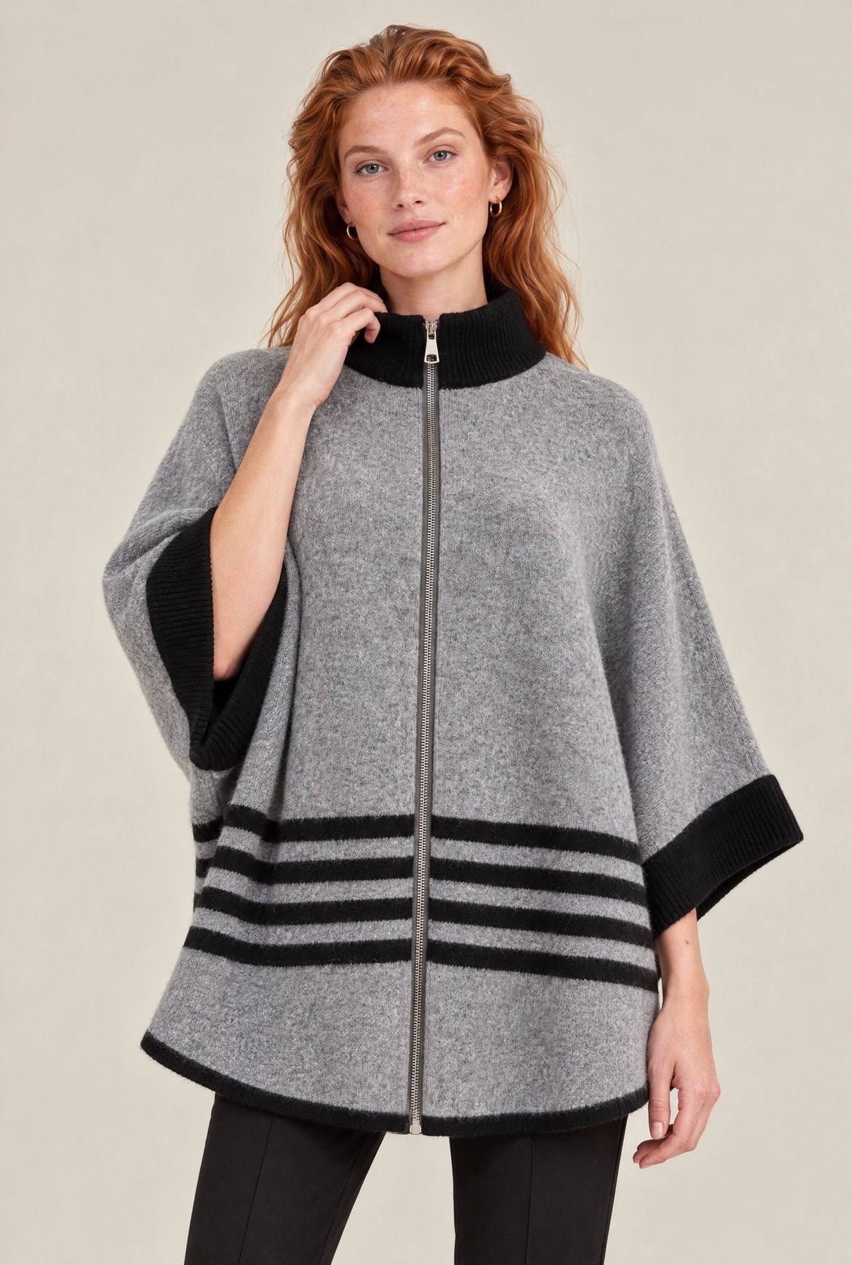Grey Stripe Zip Knit Cape