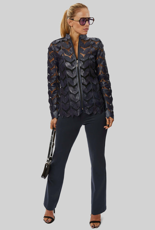 皮革葉形透明夾克海軍藍