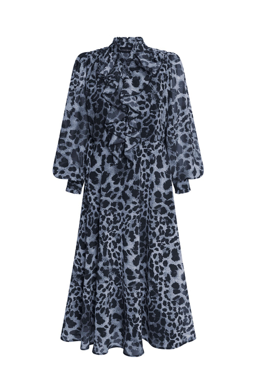 Leopard Print Midi Ruffle Dress Black