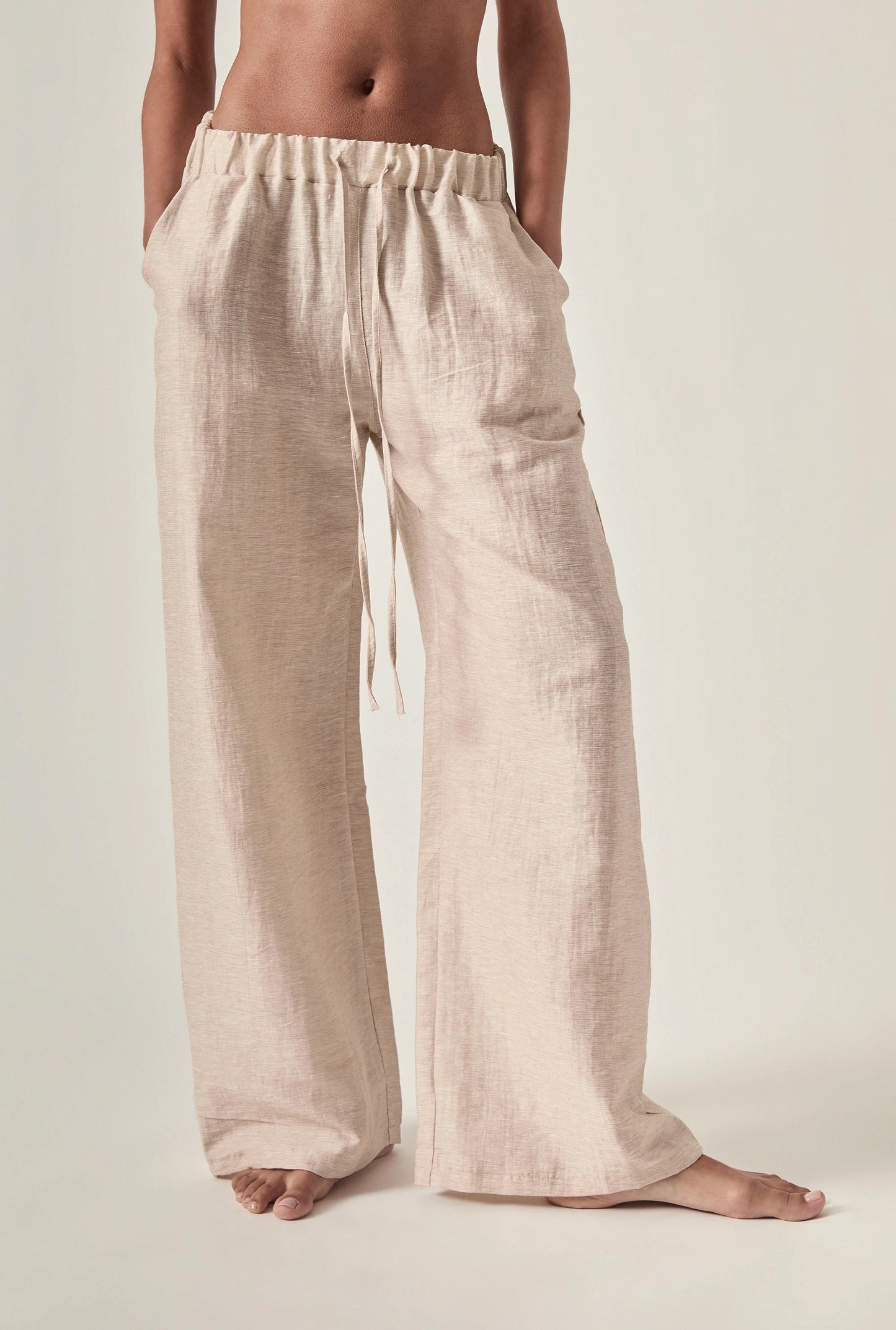 Linen Blend Beige Drawstring Trousers