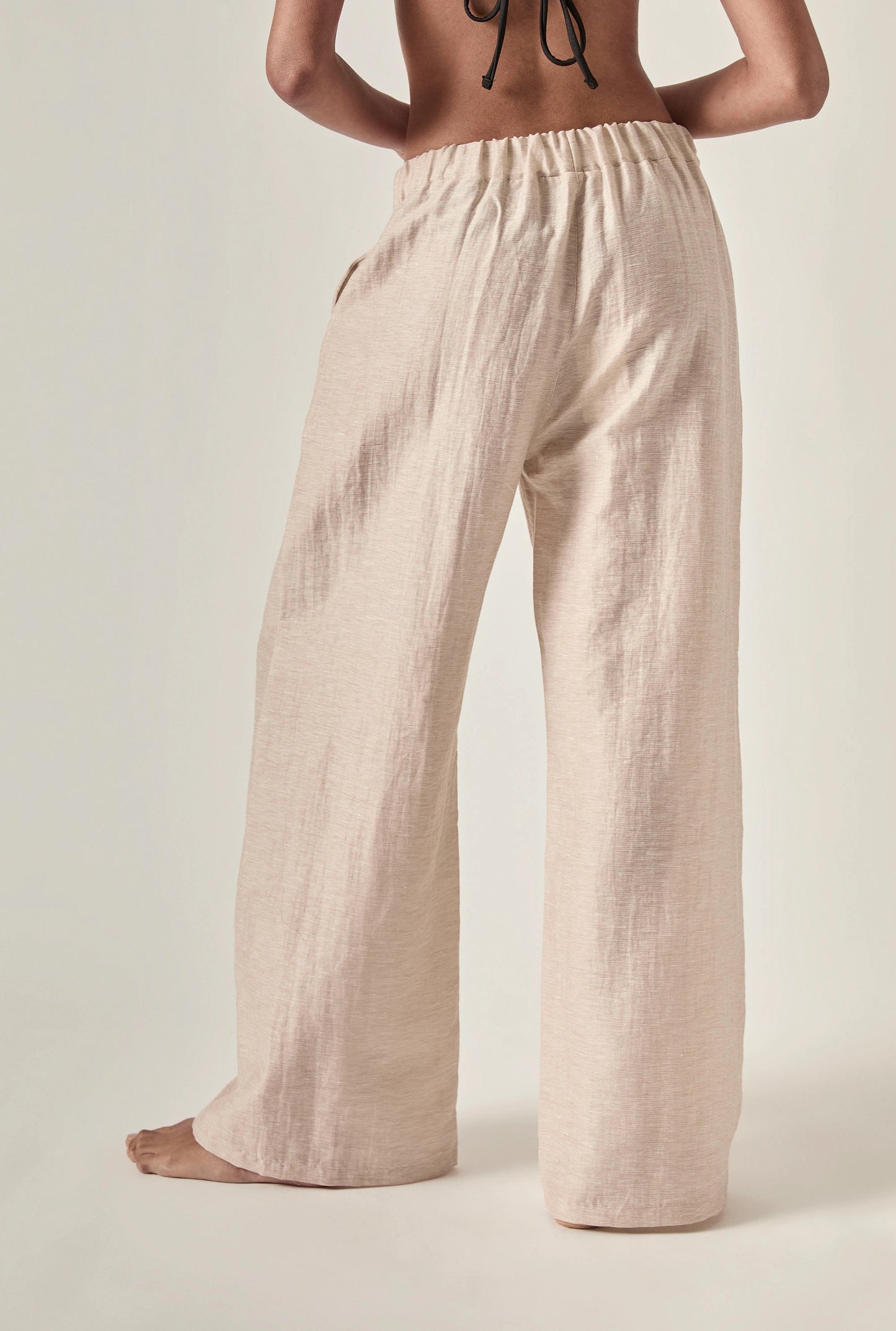 Linen Blend Beige Drawstring Trousers